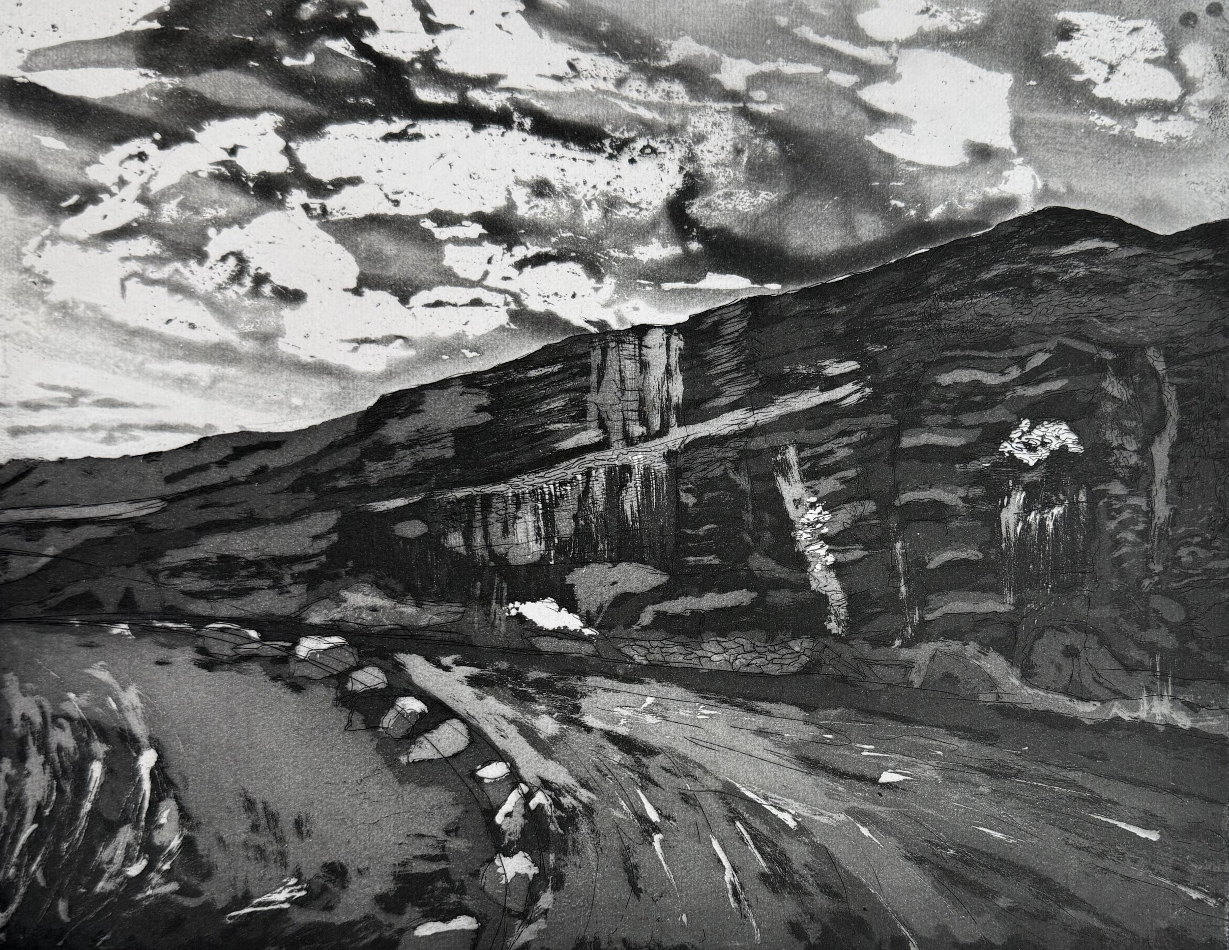 Approaching the Mine, Etching 29 x 24cm, 2026