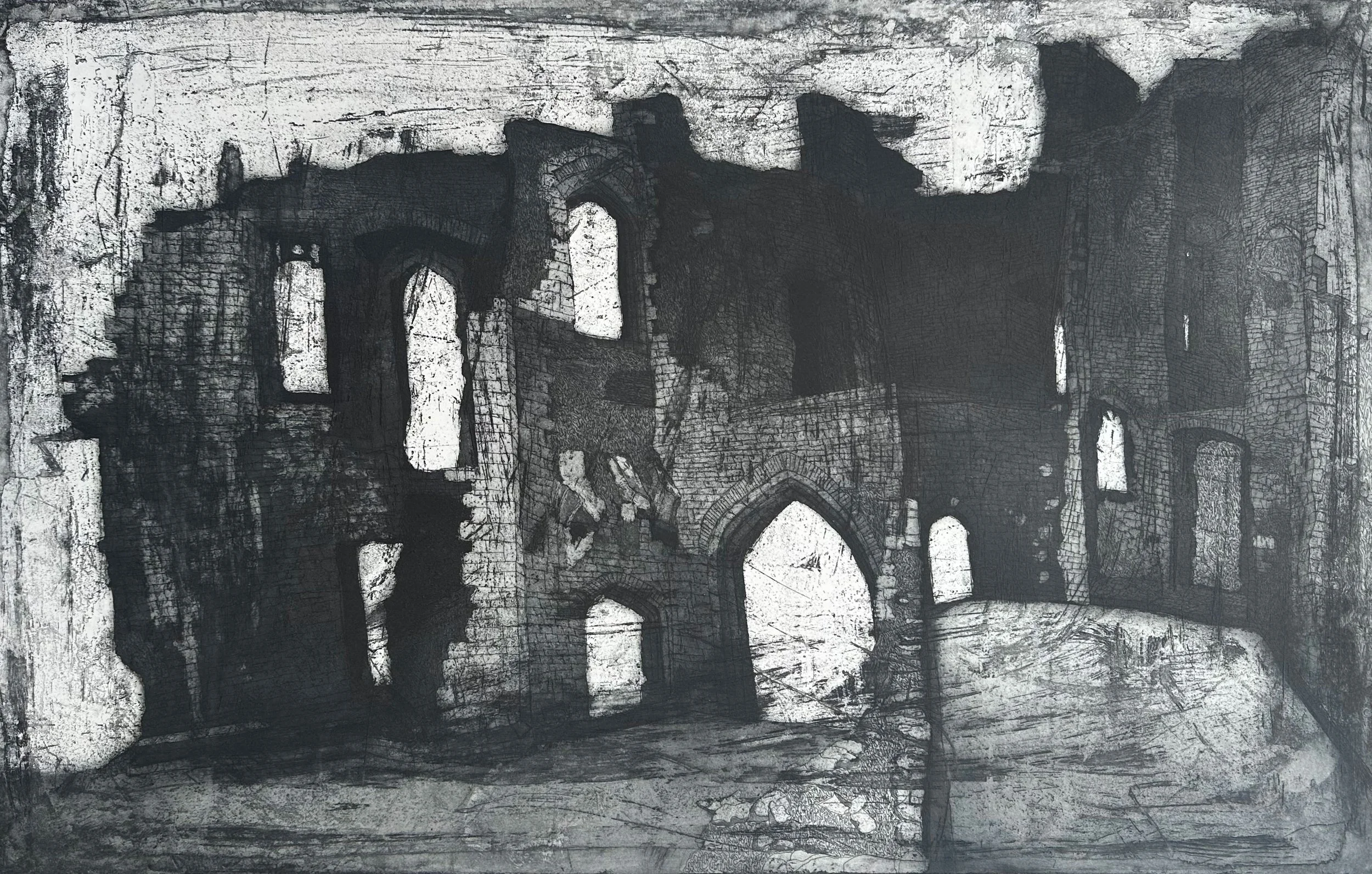 Inner Walls of Raglan Castle, Etching and Aquatint, 2024.