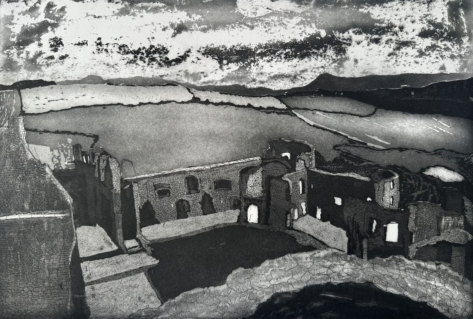 View Over Raglan Castle, Etching and Aquatint, 2025.