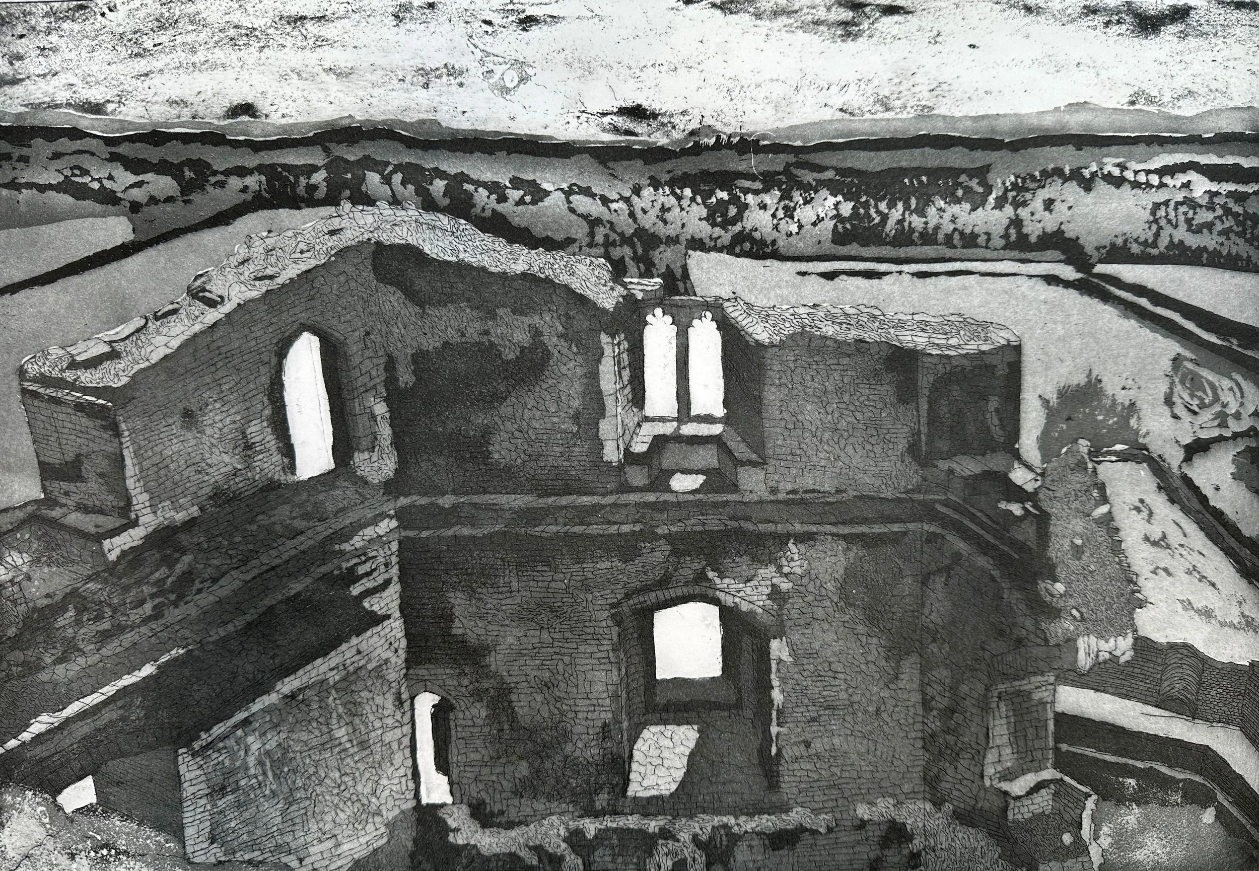 Atop the Turret at Raglan Castle, Etching and Aquatint, 2025