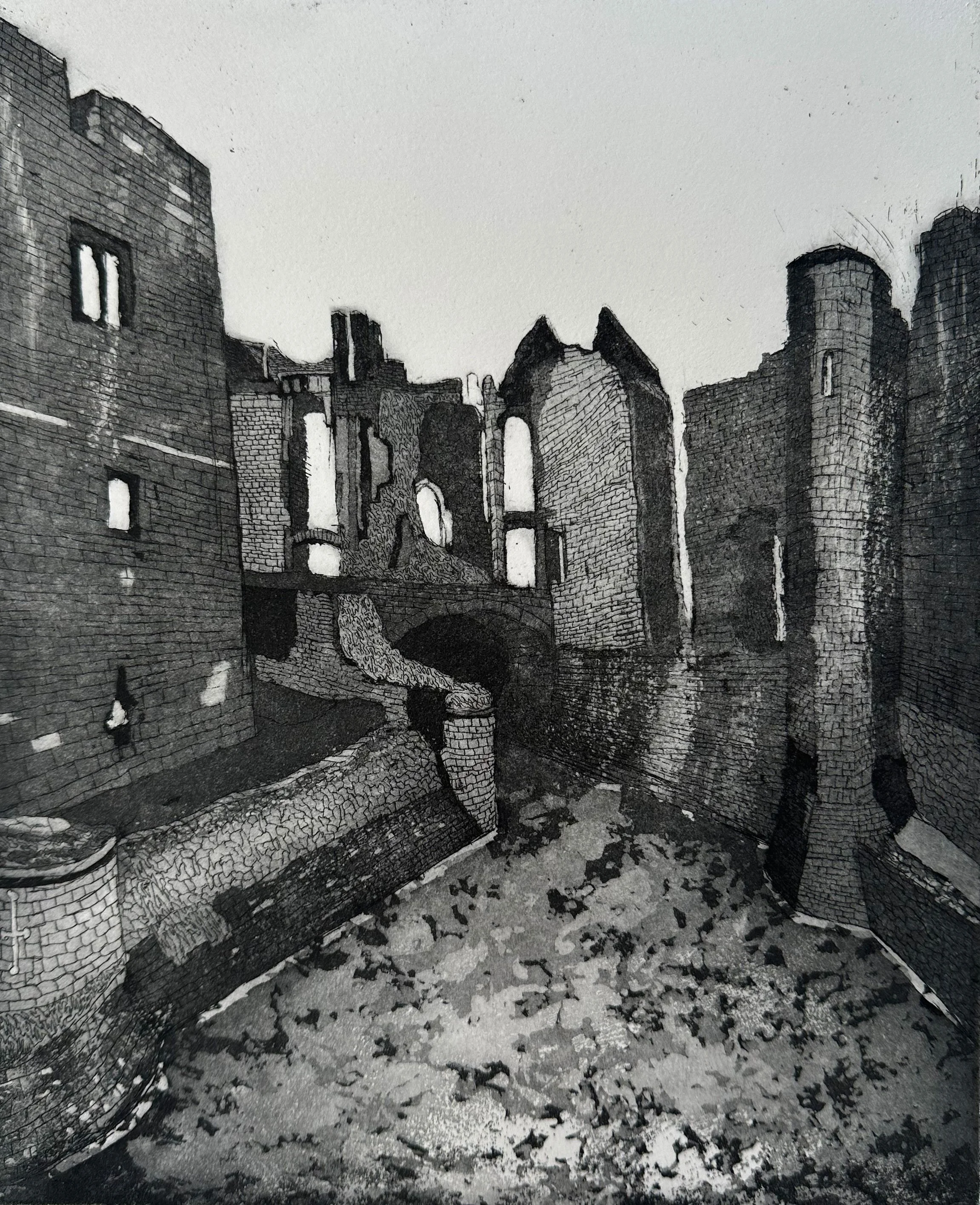Moat at Raglan Castle, Etching and Aquatint, 2025