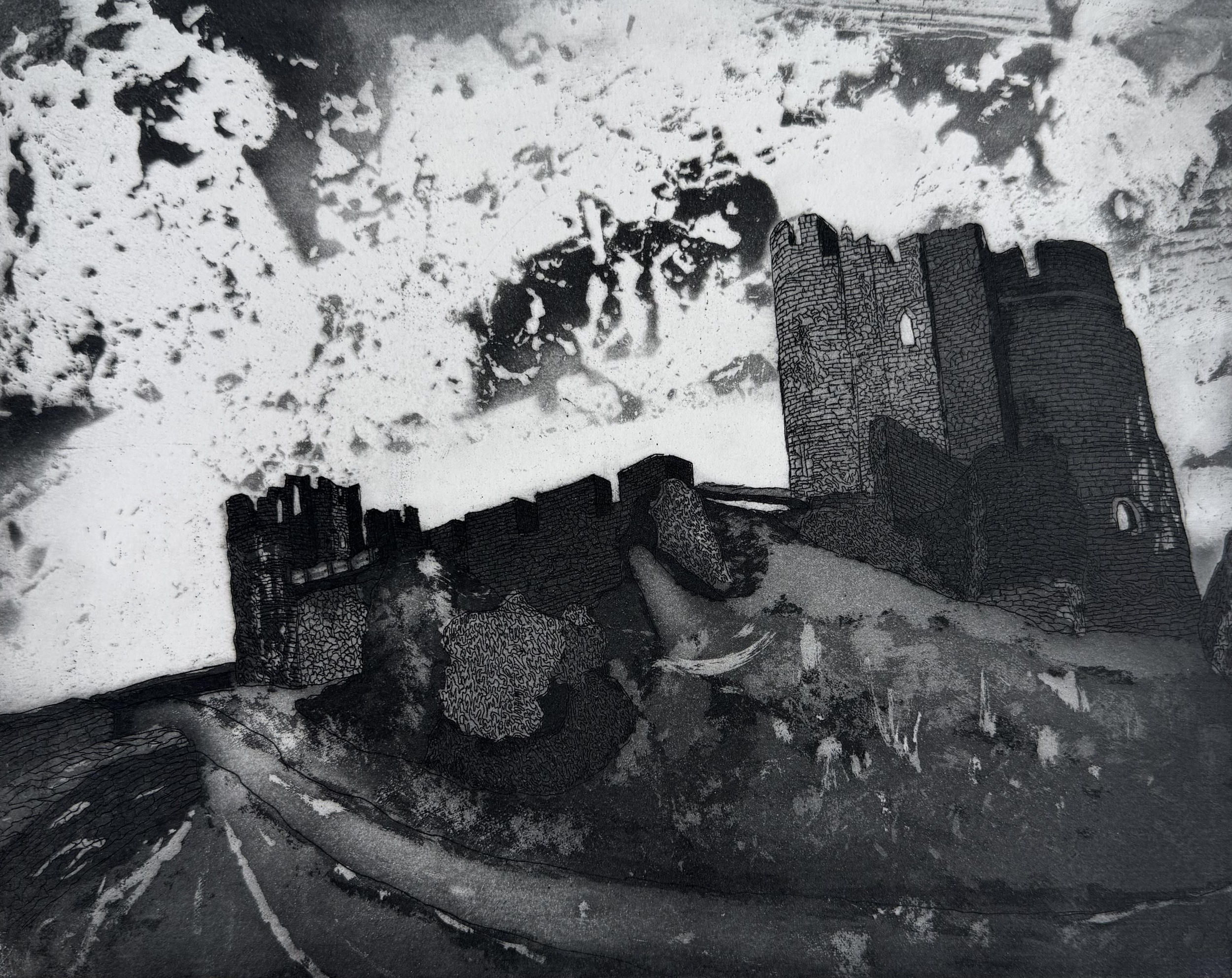 Beside Caerphilly Castle,
Etching, 29 x 24cm, 2026