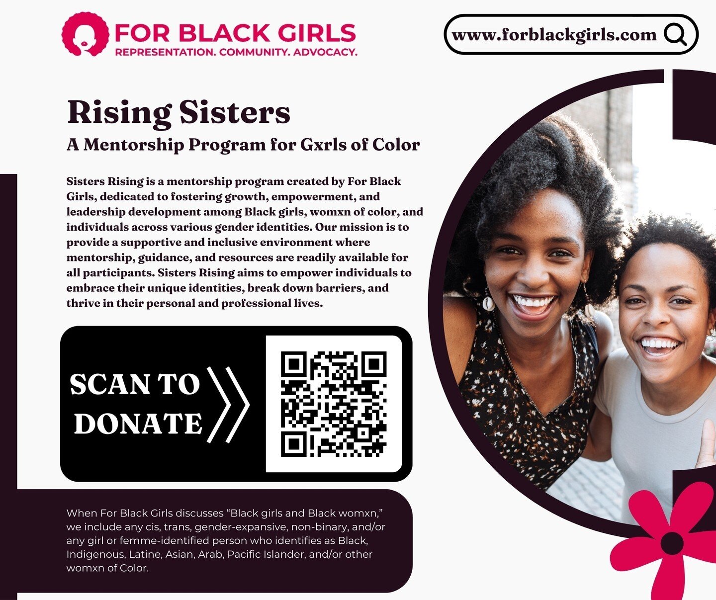 🌟 Exciting Announcement 🌟

Join us for Sisters Rising, a transformative mentorship program by The Black Literacy and Arts Collaborative Project in collaboration with For Black Girls Inc.! 🌺✨

Sisters Rising is a sanctuary for growth, empowerment, 
