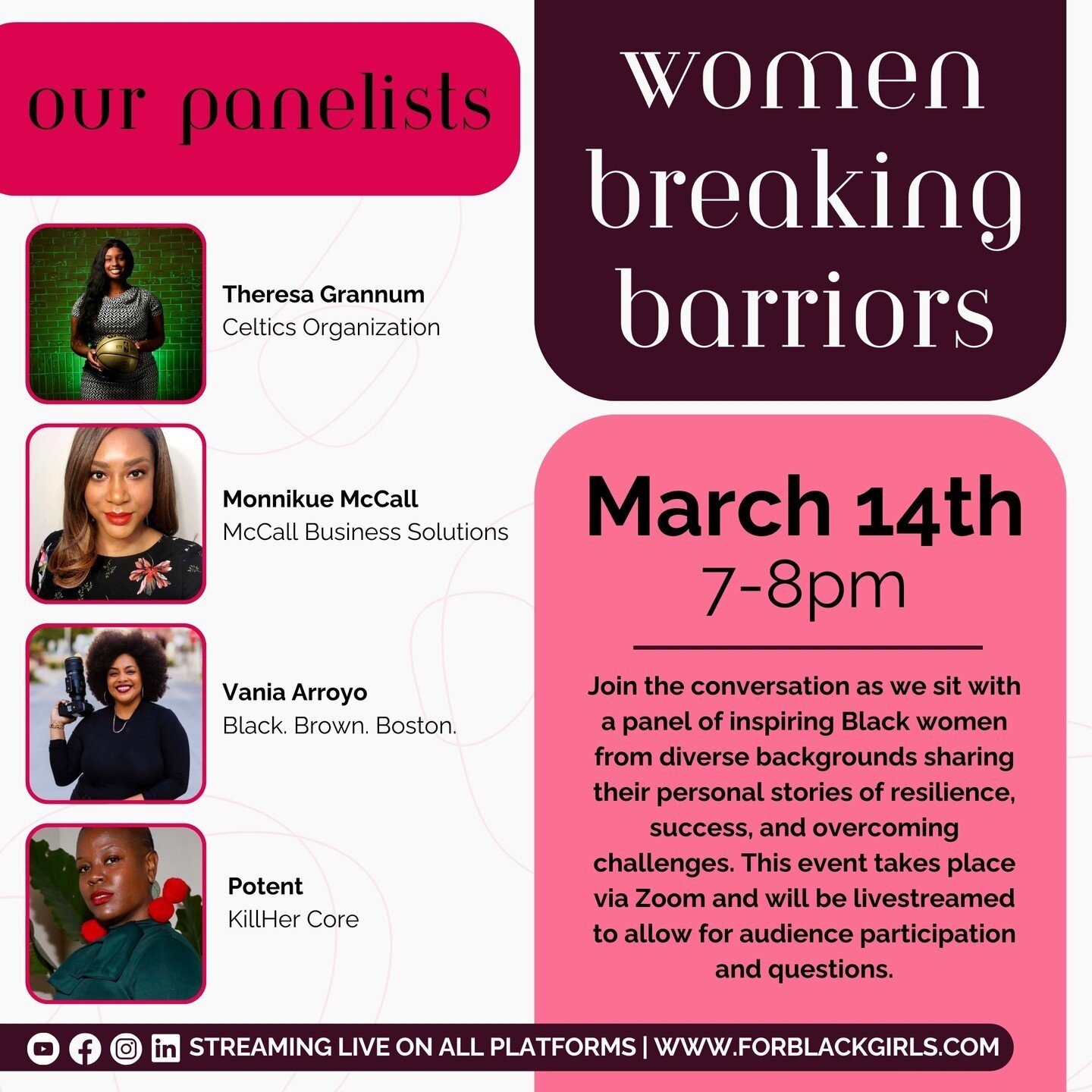 &quot;Empowered women empower the world! Join us for 'Women Breaking Barriers,' a powerful panel discussion hosted by The BLAC Project and For Black Girls Inc. 🌟 Celebrating women of color who fearlessly live their purpose, overcome obstacles, and g