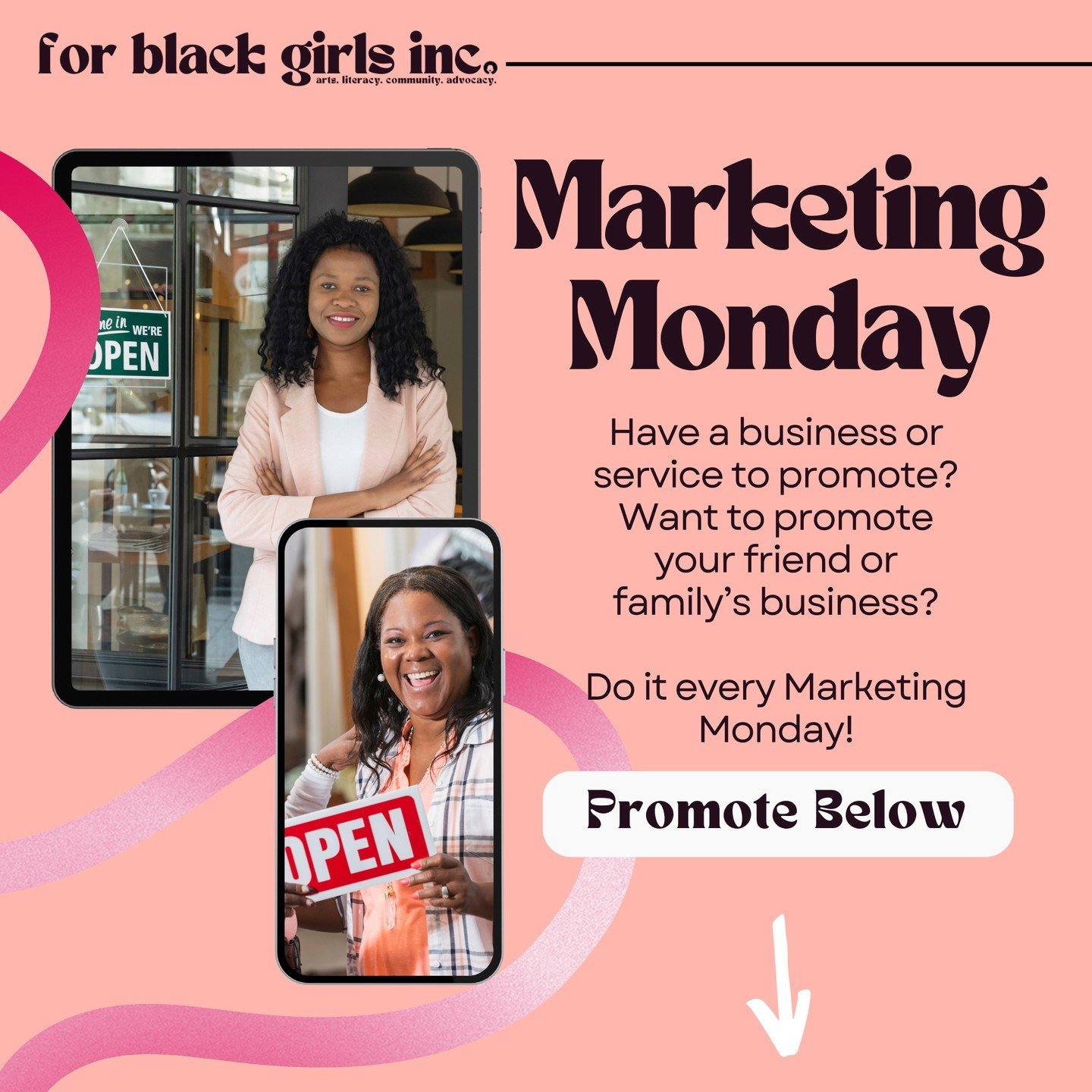 Introducing Marketing Monday with For Black Girls! Whether you have a business to promote or want to support a friend or family member's business, Marketing Monday is the perfect opportunity to showcase your products and services. Join us every Monda