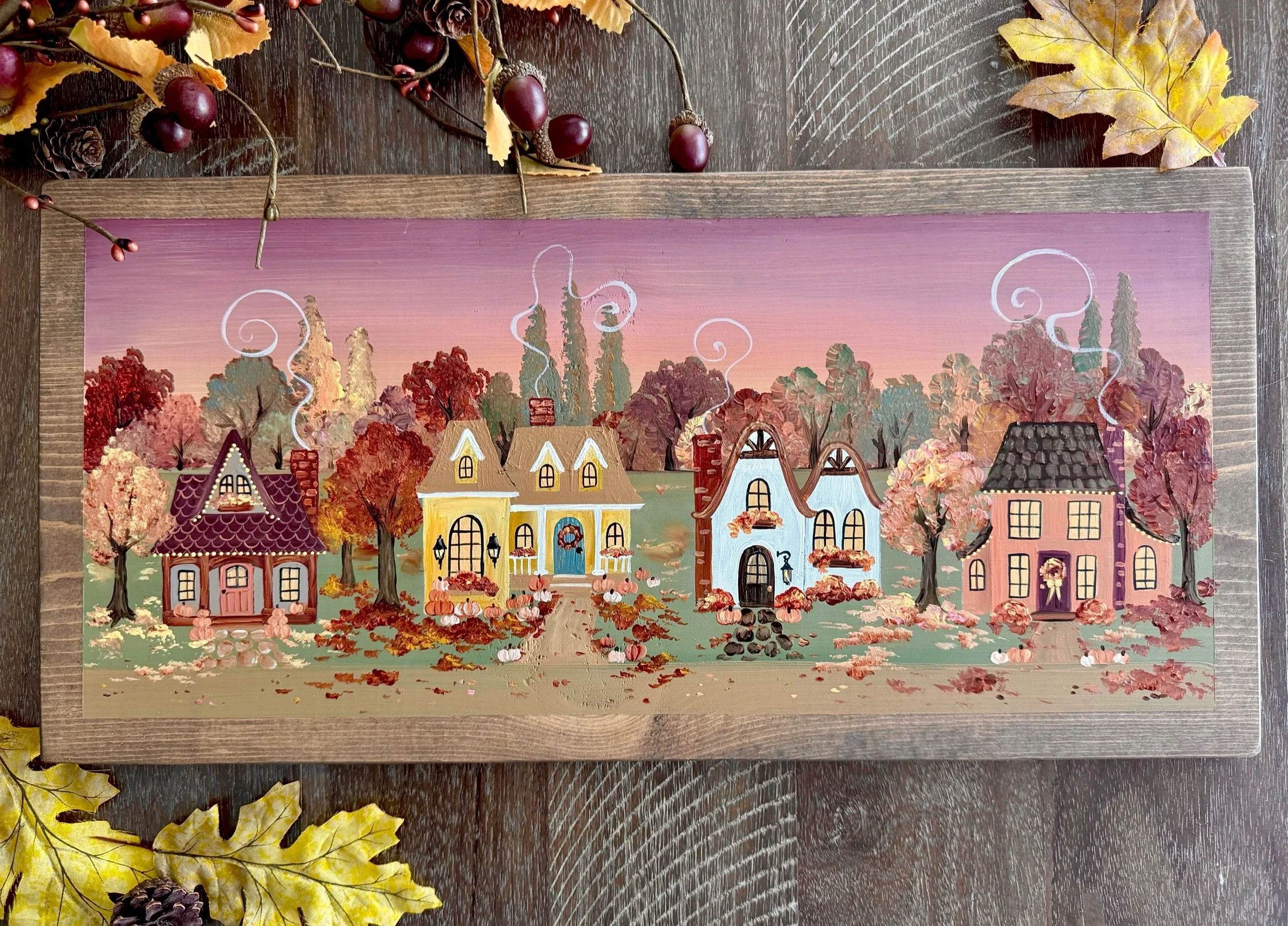 Autumn Village, Painting on wood