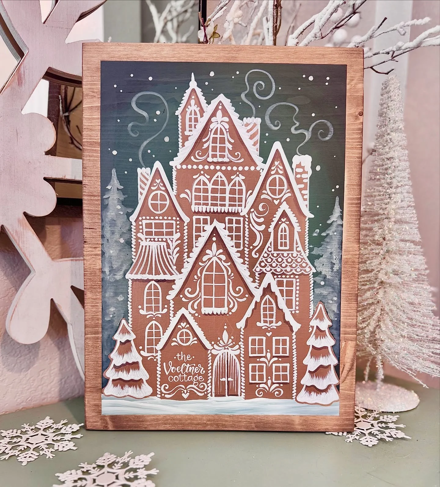 New: The gingerbread cottage… a fun melody of swirling frosting and cookie dreams, that can be personalized with your family name on it. This was such a fun one to create and just bring some of the joy of the season to my fellow gingerbread lo