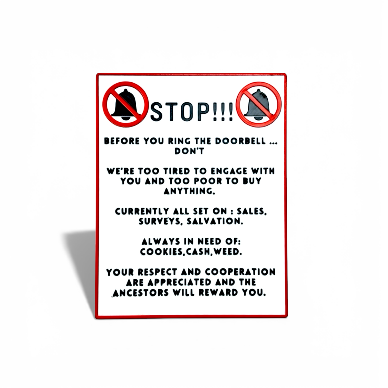 funny STOP! NO SOLICITING sign