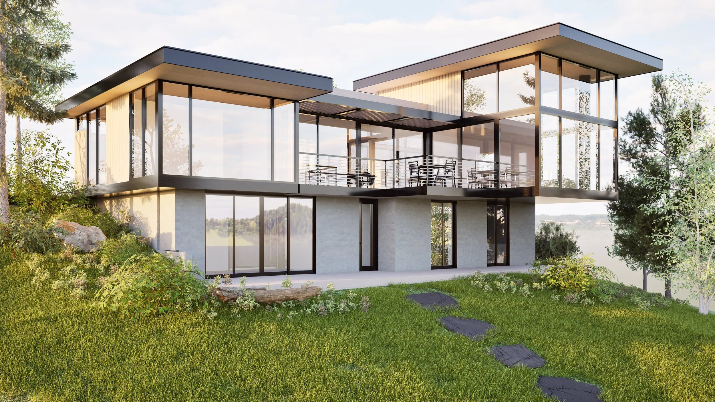 The home is located on a downslope site in the Oakland Hills with expansive views of the Bay. DDB built a minimal and contemporary home which celebrates the Bay views – using as much glass as possible while maintaining privacy from neighbors. The dra