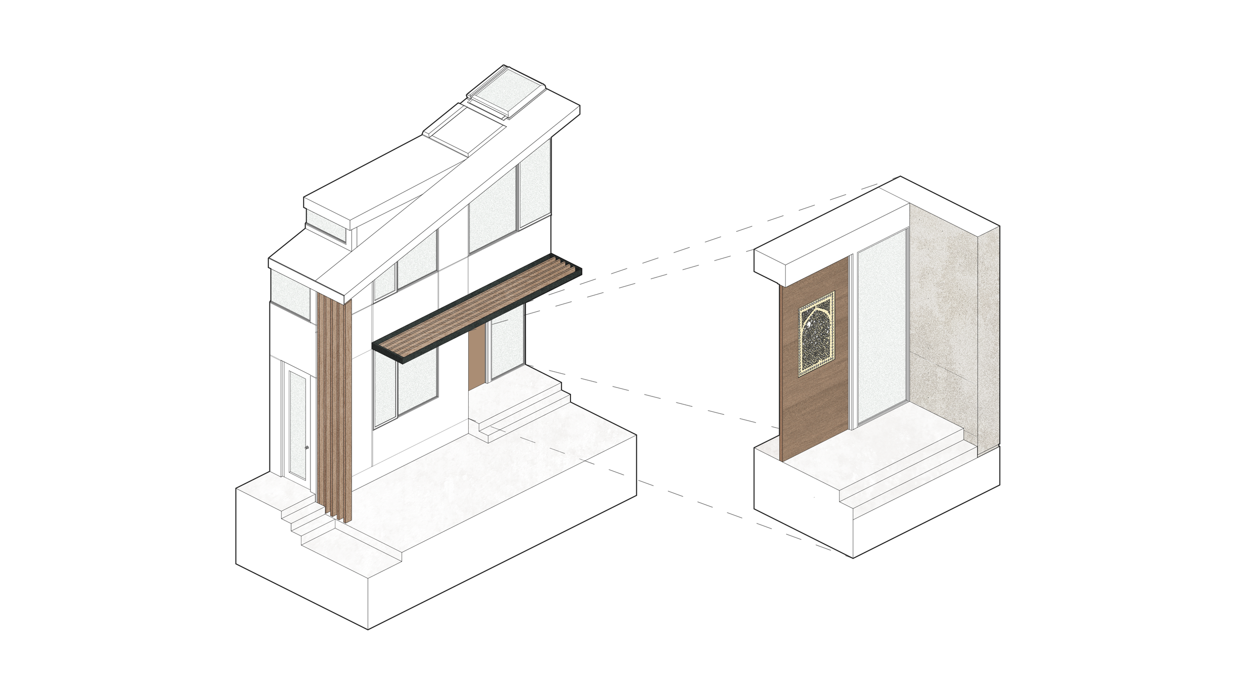 An isometric drawing of modern building facades with large windows, wood accents, and steps leading to entrances.