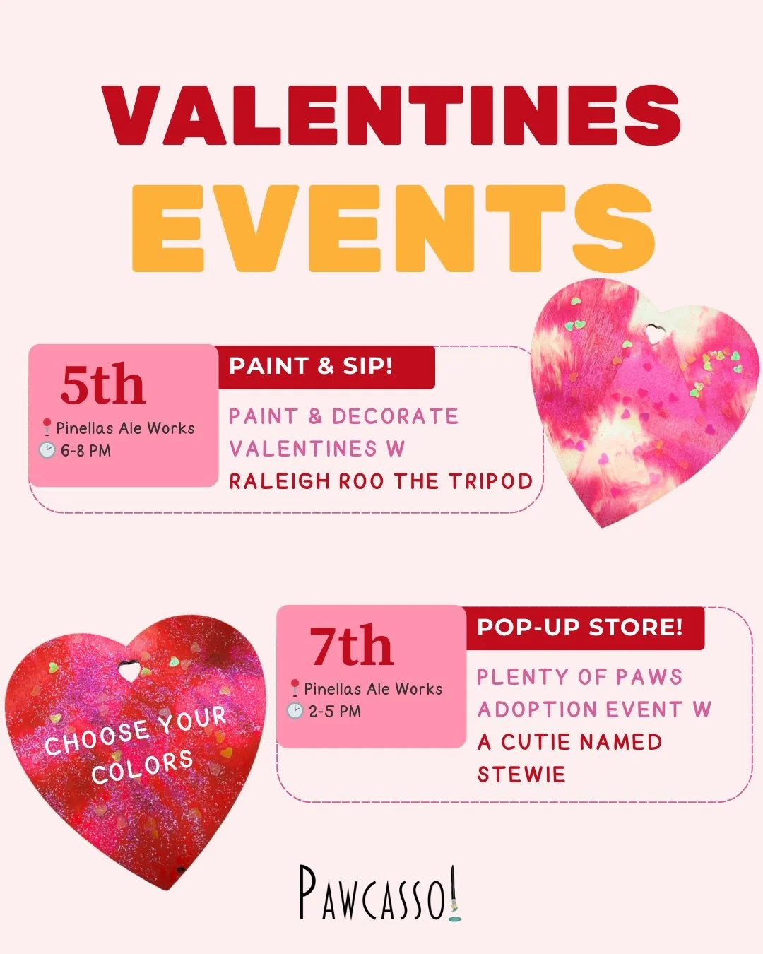 FEBRUARY EVENTS ARE HERE! 💕
Love is in the air at Pawcasso this month! Join us for two special events starting with a Valentine&rsquo;s Day Paint &amp; Sip on February 5th, followed by our Pop-Up Store on February 7th.

Swipe to learn more! ➡️

We c