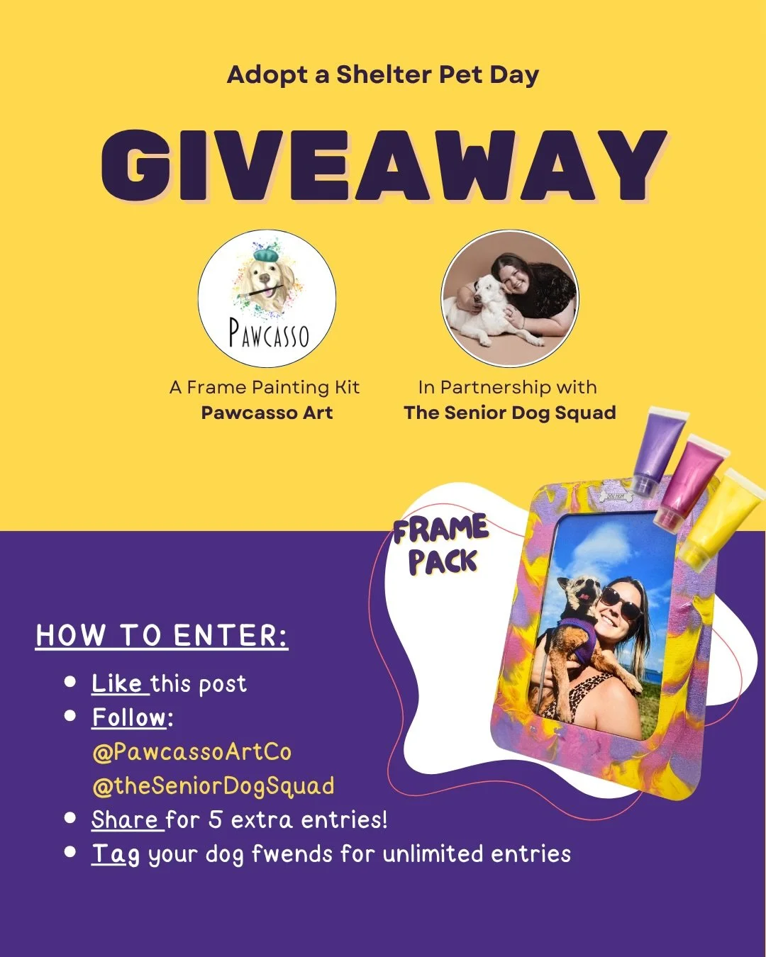🐶 GIVEAWAY TIME 🐶
In honor of Adopt a Shelter Pet Day, we partnered with @theseniordogsquad to gift one lucky pup and their human our new photo frame kit 🎨🖼️

How to enter: ➡️Like this post ➡️Follow @pawcassoartco @theseniordogsquad 
➡️ Share on 