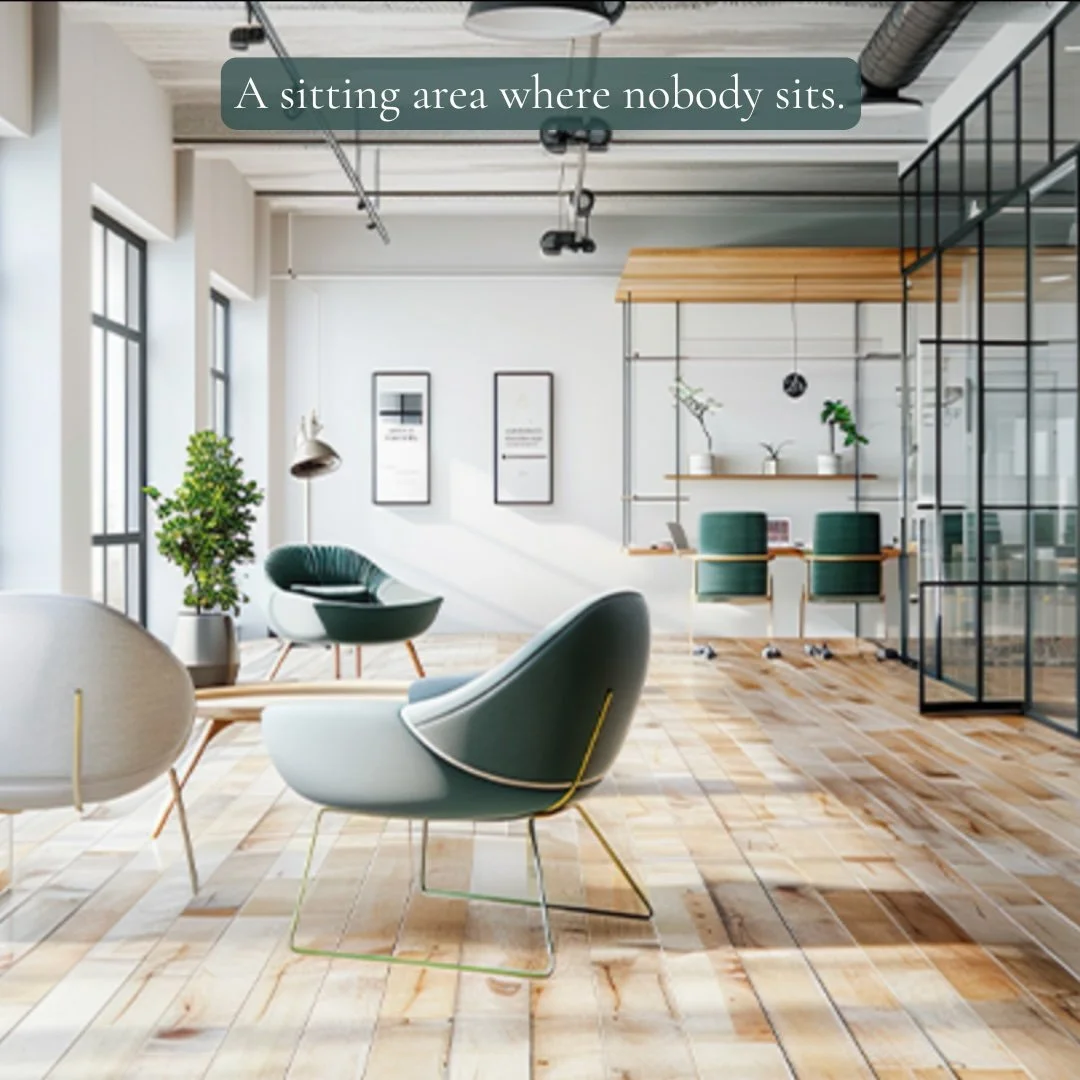 Open seating area with exposed layout and minimal enclosure creating low comfort and unsettled energy