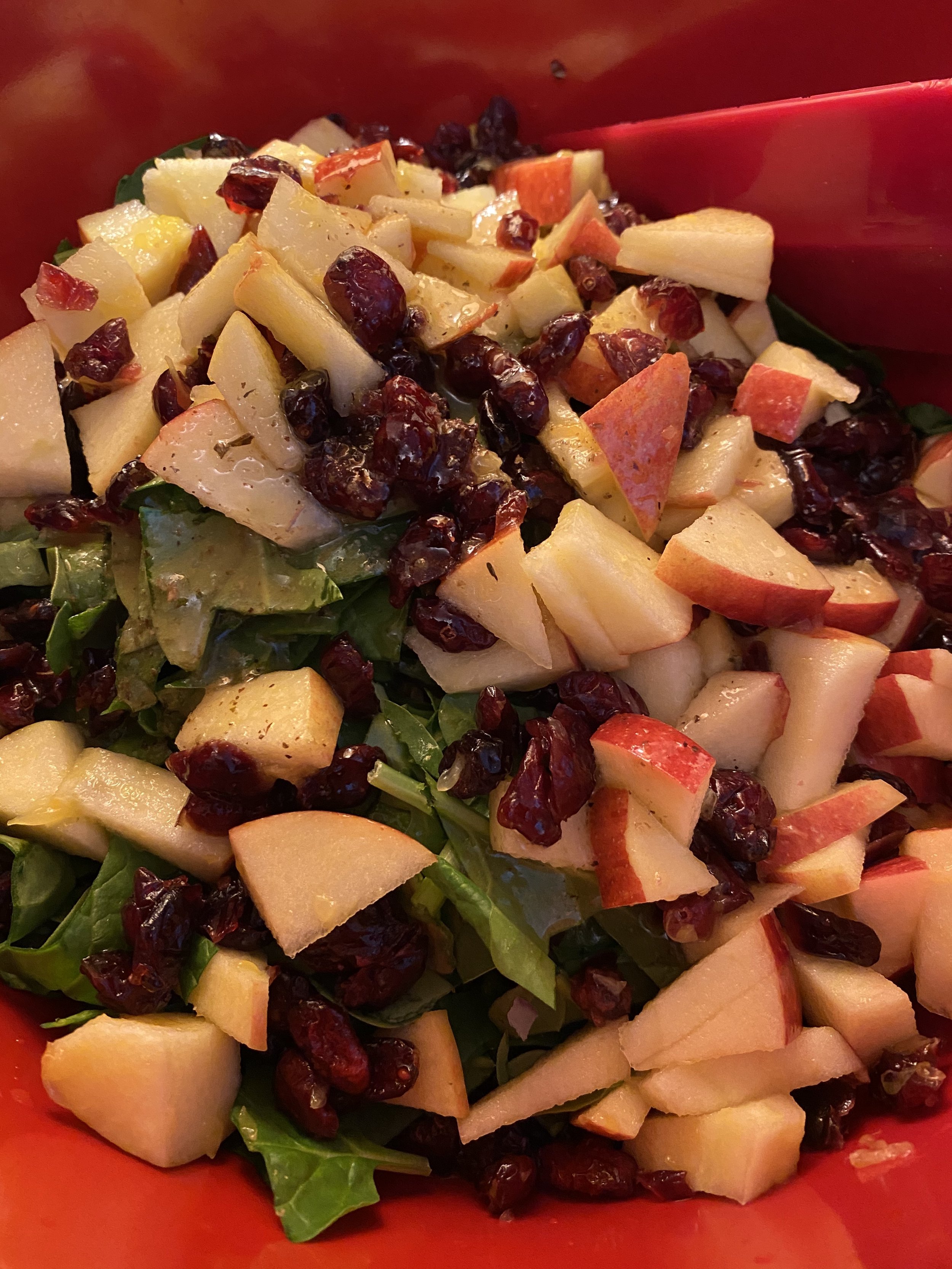 Apple salad with cranberries, walnuts, spinach tossed in a citrus vinaigrette