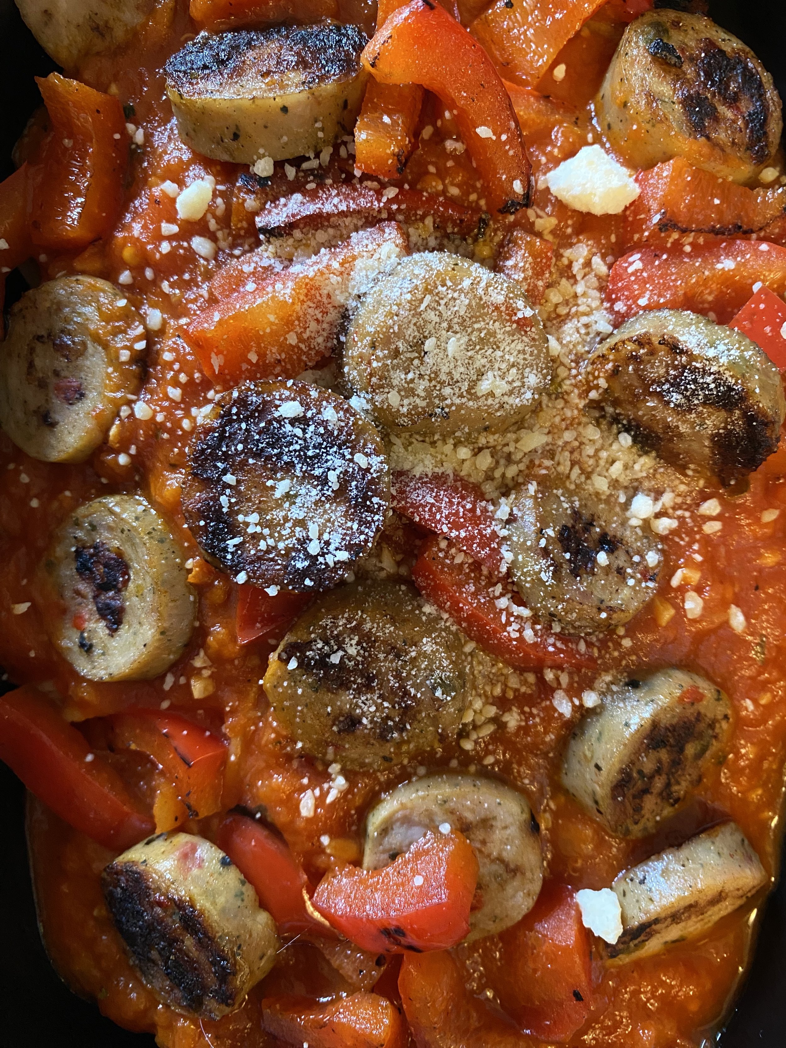 Penne with Mushrooms, Sweet Peppers, Onions and Plant Based Sausage
