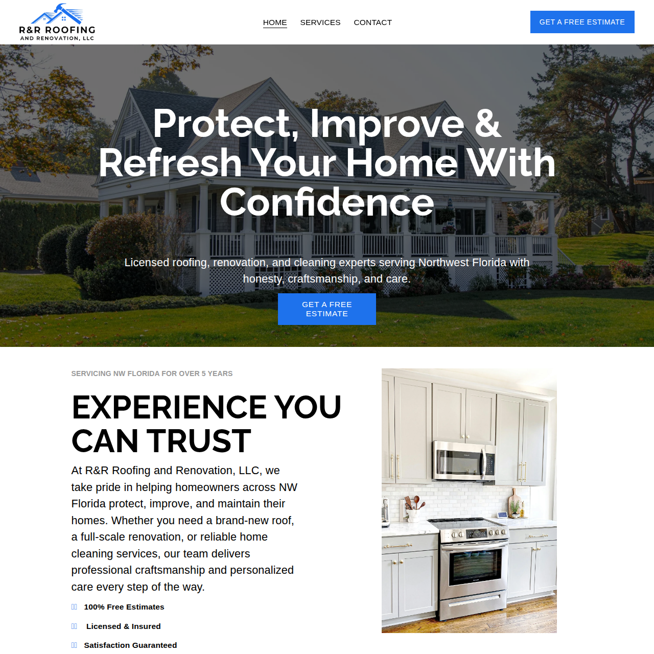 Homepage of R&R Roofing and Renovation, LLC with a large house in a lush yard, and an interior kitchen with white cabinets and stainless steel appliances.