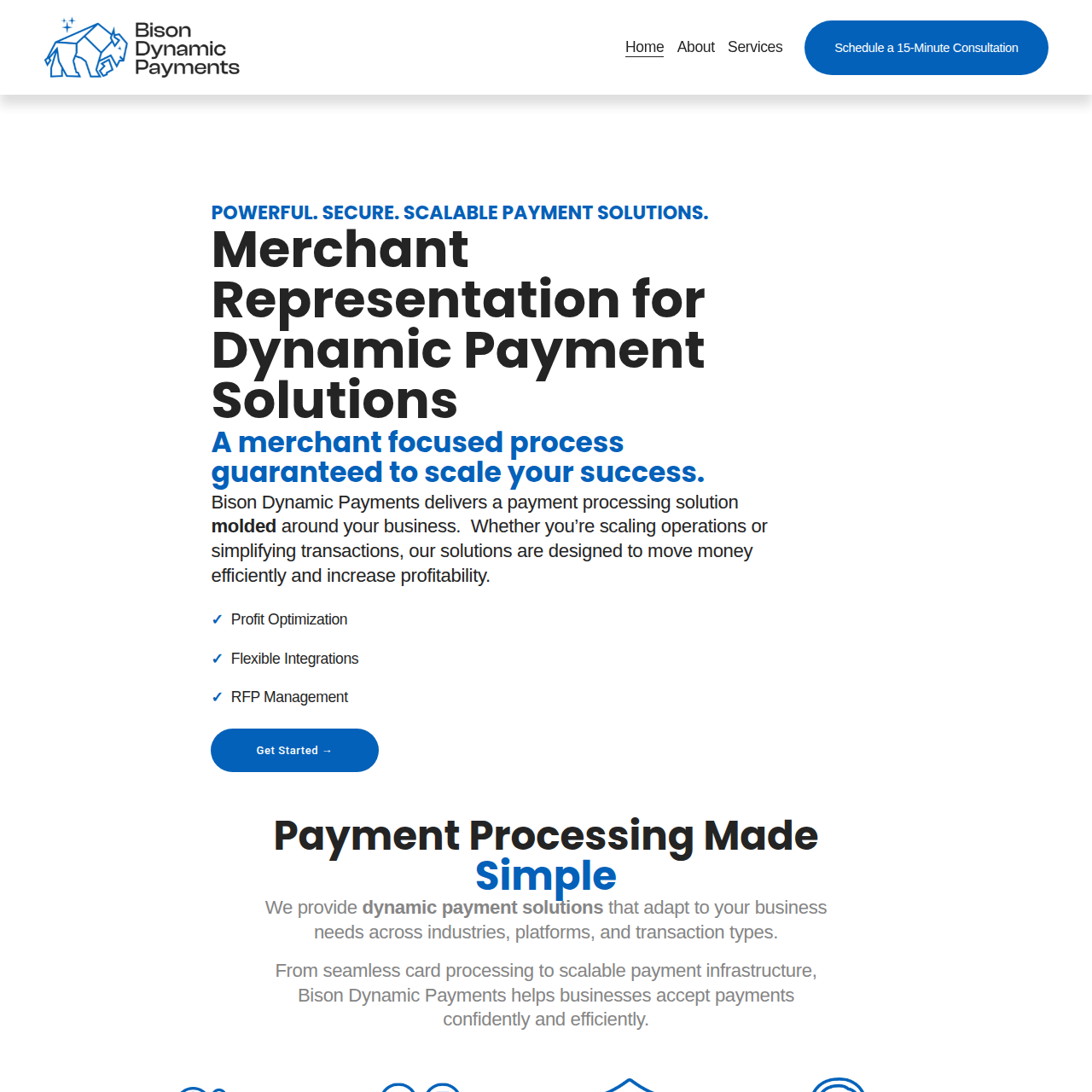 Homepage of Bison Dynamic Payments website showcasing their payments solutions for merchants, with a slogan emphasizing secure and scalable payment solutions, and a call-to-action button to schedule a consultation.
