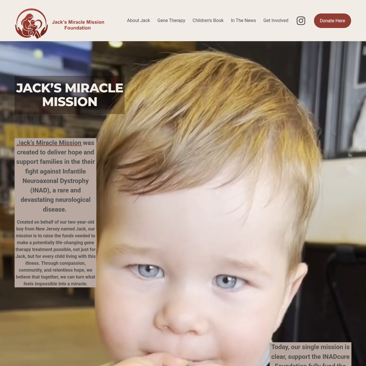 Close-up of a young child with blonde hair and blue eyes in front of a blurred background, part of a website page for Jack's Miracle Mission Foundation with text describing the mission to support families fighting Infantile Neuroaxonal Dystrophy.