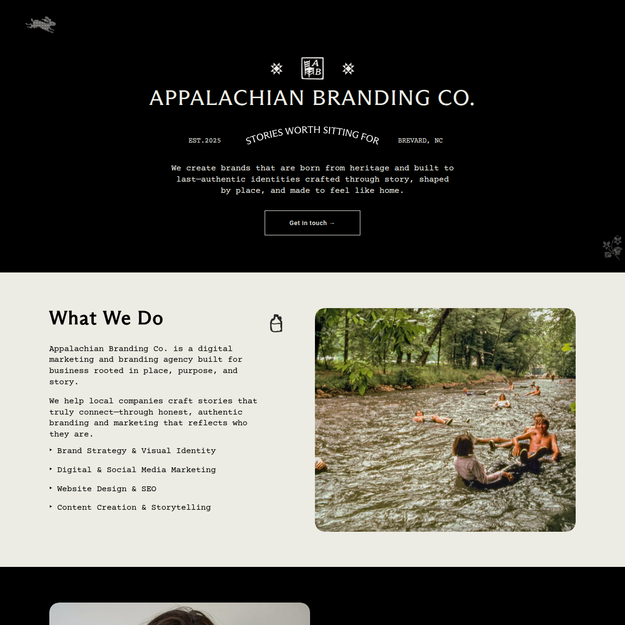 Homepage of Appalachian Branding Co. featuring a black and white header with the company name, a brief description of their branding services, and a photo of people swimming and relaxing in a river surrounded by trees.