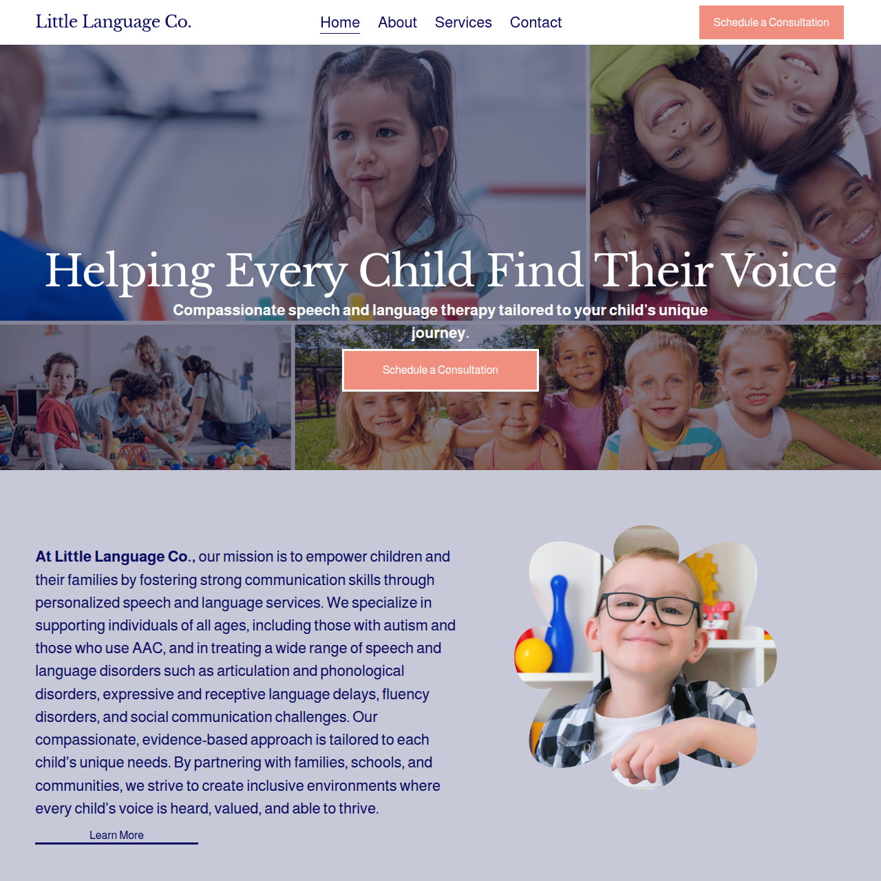 Screenshot of a website homepage for Little Language Co., featuring a header with navigation links, a call-to-action button, a large banner with children and a girl holding a finger to her lips, and a section with a child with glasses in a puzzle pie