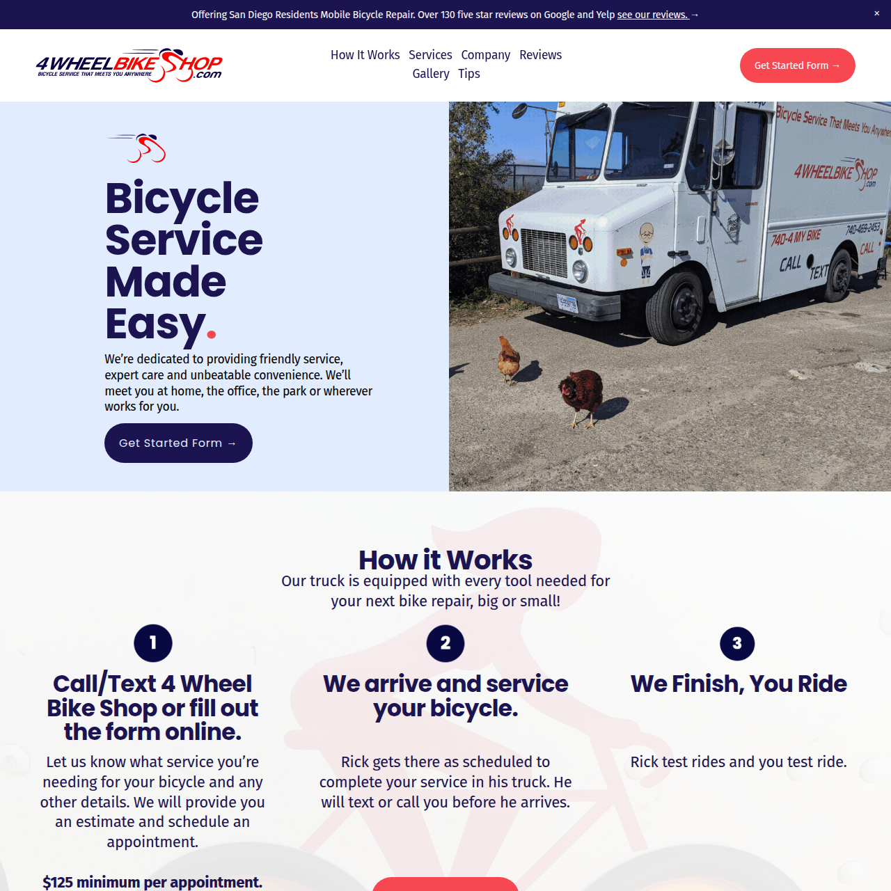 A website homepage for a bicycle repair service featuring an image of a white bicycle service truck parked outdoors on a gravel area, with two chickens walking nearby.