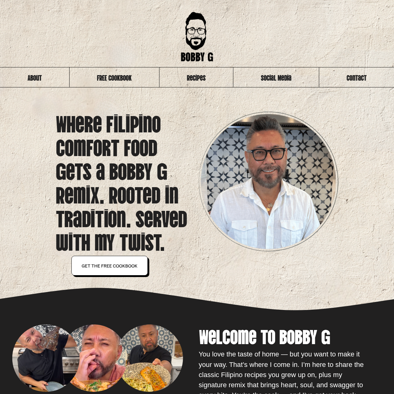 Webpage screenshot of Bobby G's Filipino comfort food website, including a photo of Bobby G, a header, and introductory text about Filipino recipes.