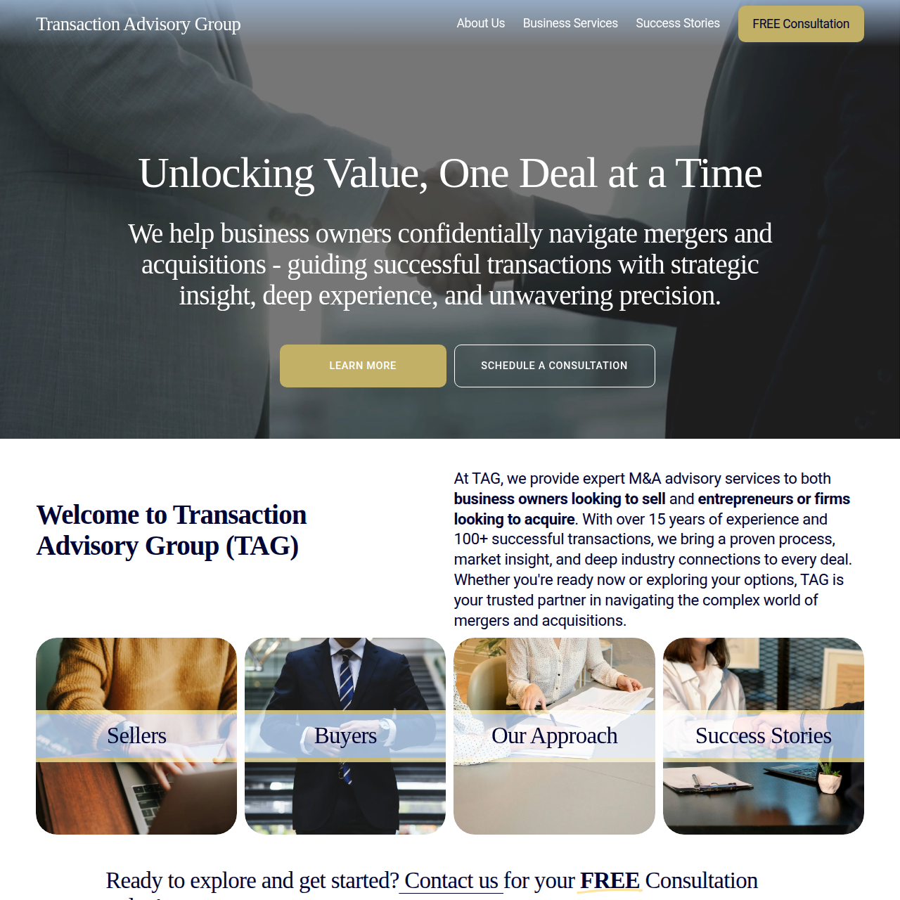 Screenshot of a website homepage for Transaction Advisory Group, showing a header with navigation links, a main banner with a title "Unlocking Value, One Deal at a Time," and two call-to-action buttons labeled "Learn More" and "Schedule a Consultatio