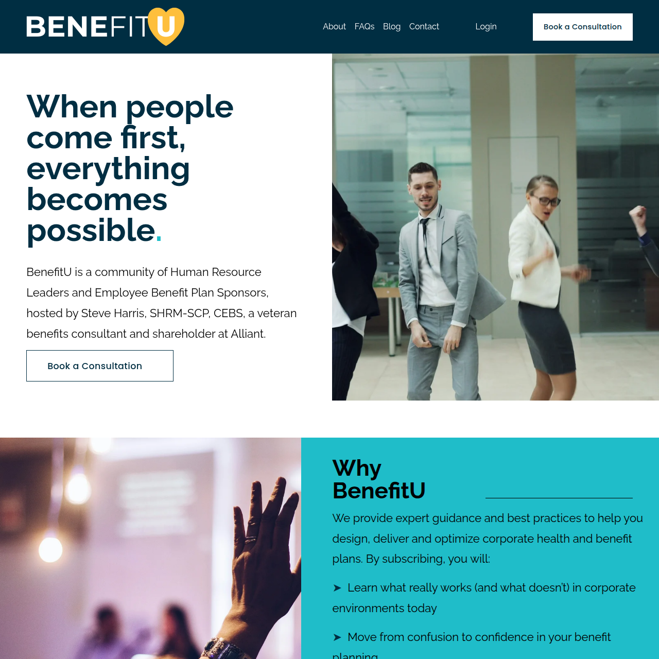 Website homepage for BenefitU showing a group of employees dancing or celebrating in an office.