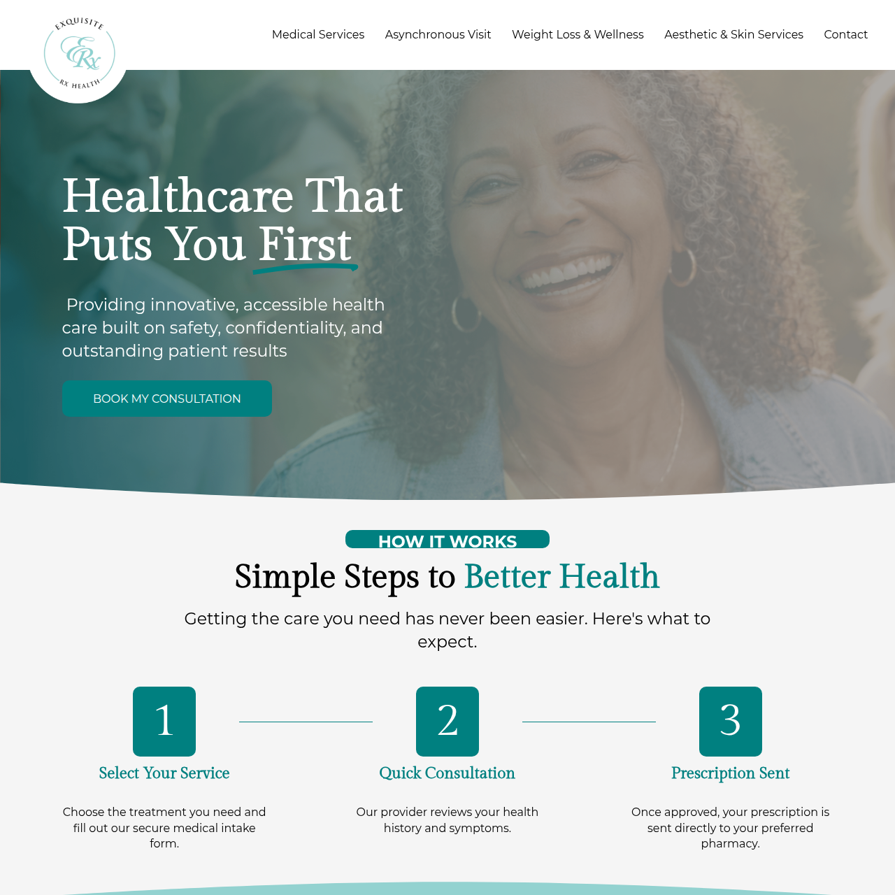 Homepage of a healthcare website with a large smiling woman in the background, a logo in the top left corner, navigation menu options at the top, a headline about putting health first, a call-to-action button, and a section explaining the steps to be