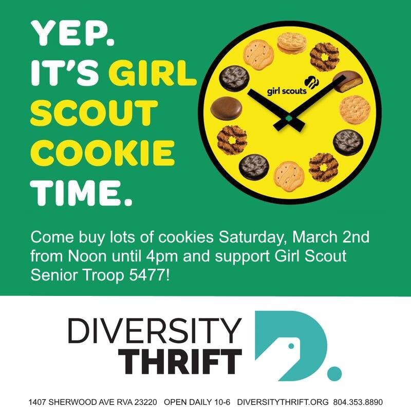 It&rsquo;s cookie time! We hope you&rsquo;ll stop in on Saturday, March 2nd from noon until 4pm and buy lots of cookies from He She Ze &amp; We scouts from Girl Scout Senior Troop 5477!

Diversity Thrift is open daily 10am to 6pm at 1407 Sherwood Ave