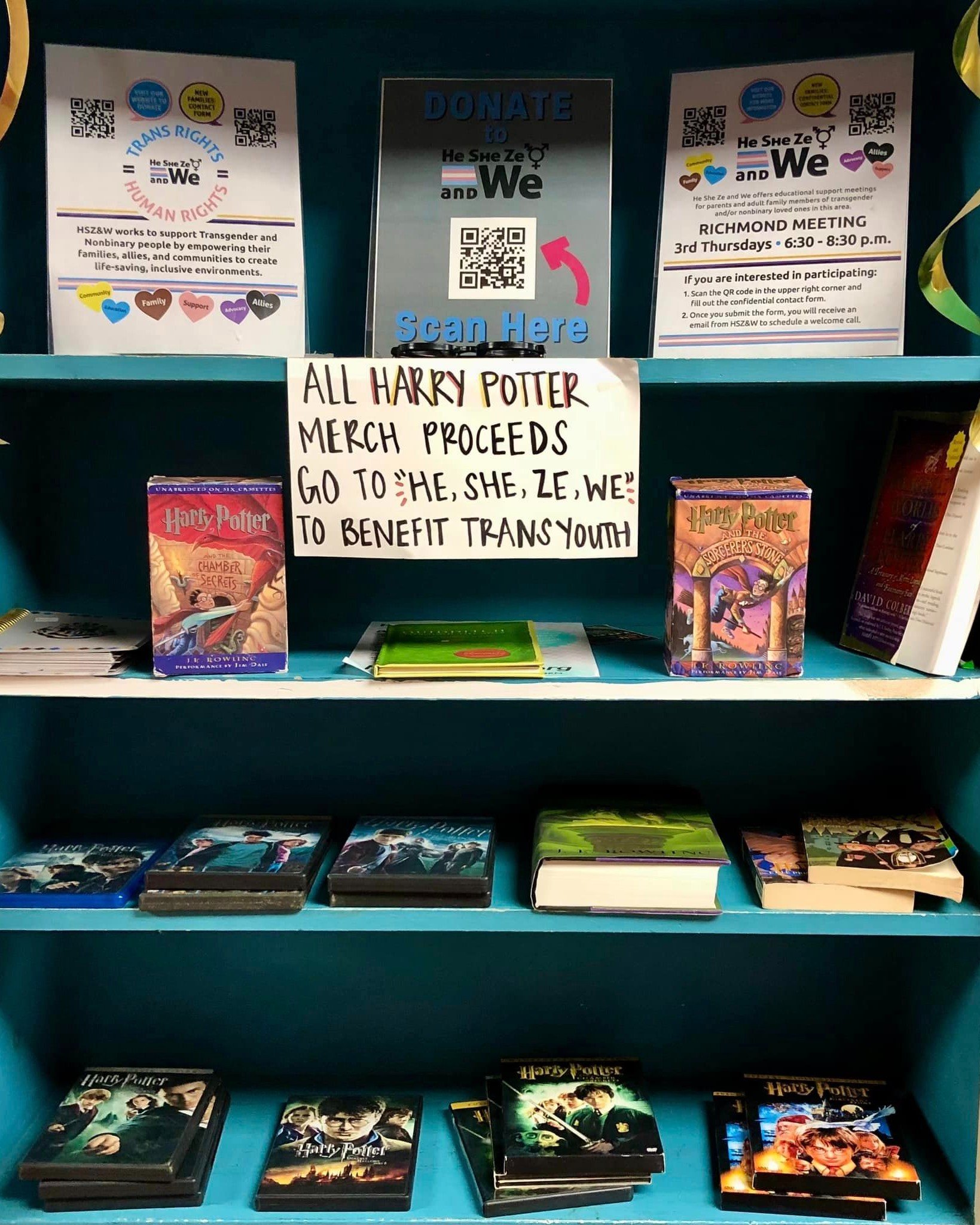 All proceeds from Harry Potter merchandise go to He, She, Ze, and We to benefit trans youth! heshezewe.org/

If you have Harry Potter books, movies, clothing, and collectibles, you can put them to good use! Drop them off on your next visit to Diversi