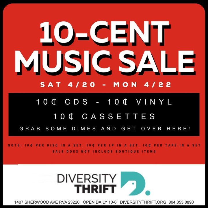 Today is the final day of our huge Movie and Music Clearance Sale! Grab some dimes and head over here! 

10₵ DVDs (10₵ per disc in a set)
10₵ CDs (10₵ per disc in a set)
10₵ Vinyl Records (10₵ per disc in a set)
10₵ Cassettes (10₵ per tape in a set)
