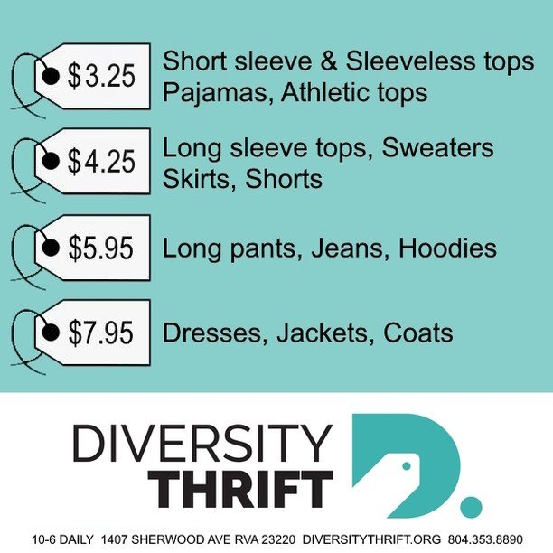 Diversity Thrift has great prices on clothing! We're open 10am-6pm at 1407 Sherwood Ave. RVA 23220 (804) 353-8890. DiversityThrift.org