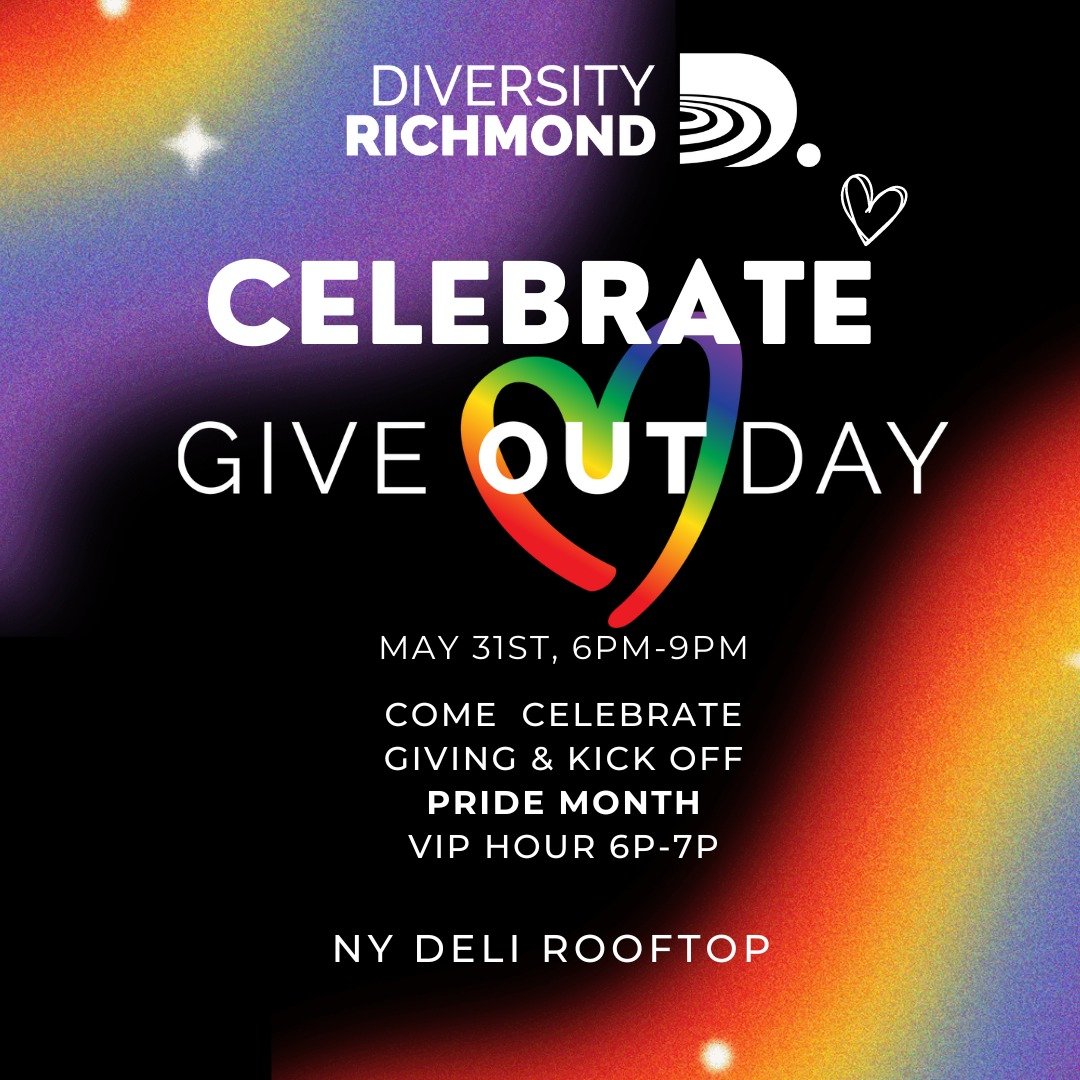 Come celebrate Give Out Day and kick off Pride Month with Diversity Richmond on the New York Deli rooftop, high above Carytown on Friday, May 31st from 6-9 pm!
 
Enjoy fellowship, complimentary hors d&rsquo;oeuvres and music by DJ Statistics! 
 
Dont