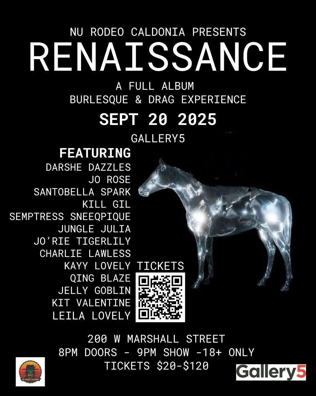 Renaissance: A Full Album Burlesque &amp; Drag Experience
September 20, 2025 | Gallery5, Richmond, VA
Renaissance will be a powerful night of performance art featuring some of the most exciting burlesque and drag artists from Richmond and beyond. Thi
