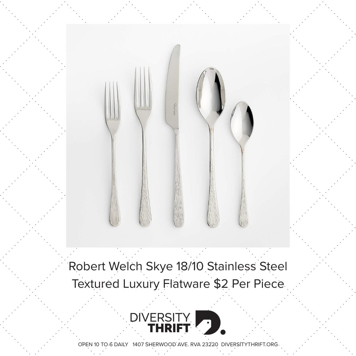 Diversity Thrift received a large donation of luxury Robert Welch Skye 18/10 stainless steel textured flatware.  Look for it in our cashier lobby.  We're open 10am-6pm at 1407 Sherwood Ave. RVA 23220 (804) 353-8890. 
#thrifting #ThriftStore #thriftst