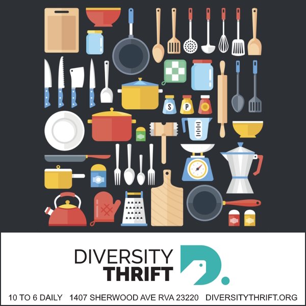 Diversity Thrift has variety of kitchen items at great prices! Small appliances, cookware, bakeware, cutlery, serving spoons, forks, and tongs, plates, bowls, drinking glasses, mugs, and more. 
Come see us. We're open 10am-6pm at 1407 Sherwood Ave. R