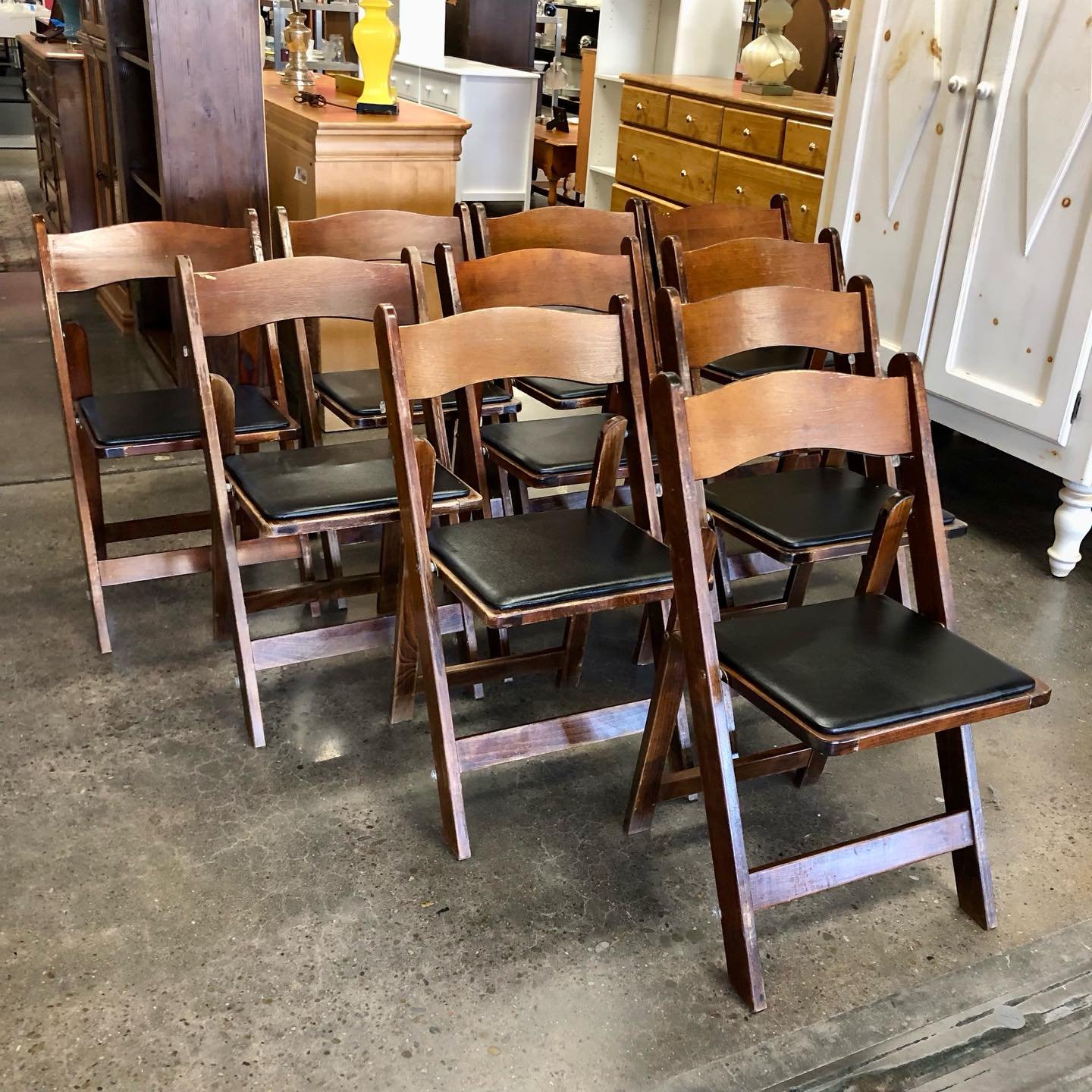 Fruitwood folding chairs $10 each. Over 100 available. We can deliver your furniture purchase! Come see us. Open 10 to 6 daily at 1407 Sherwood Ave. RVA 23220  #furniture #thriftfurniture #usedfurnitureforsale