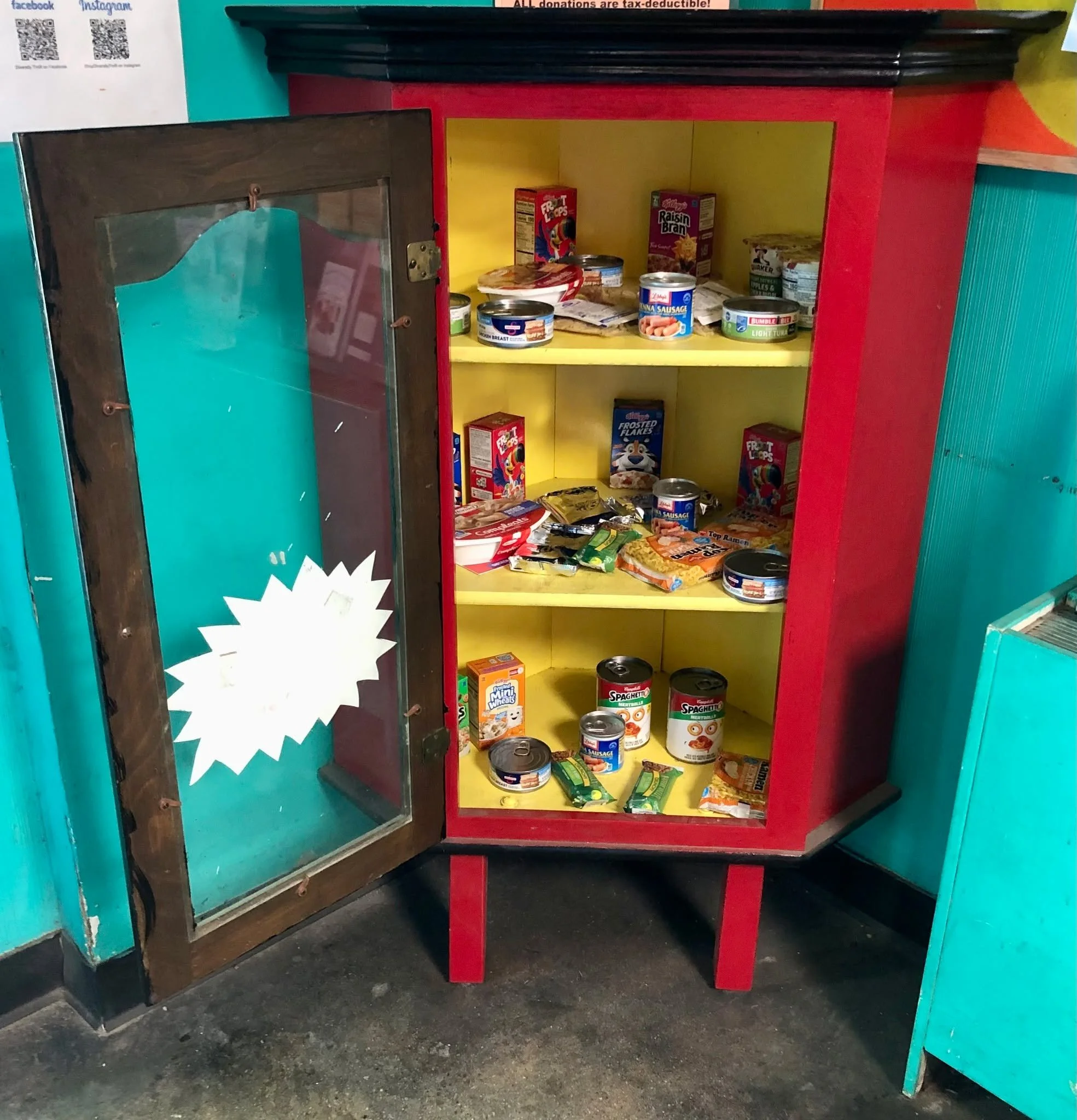 Our small food pantry at Diversity Thrift is available to anyone in need, operating on a community-supported model: take what you need, leave what you can. Thanks!