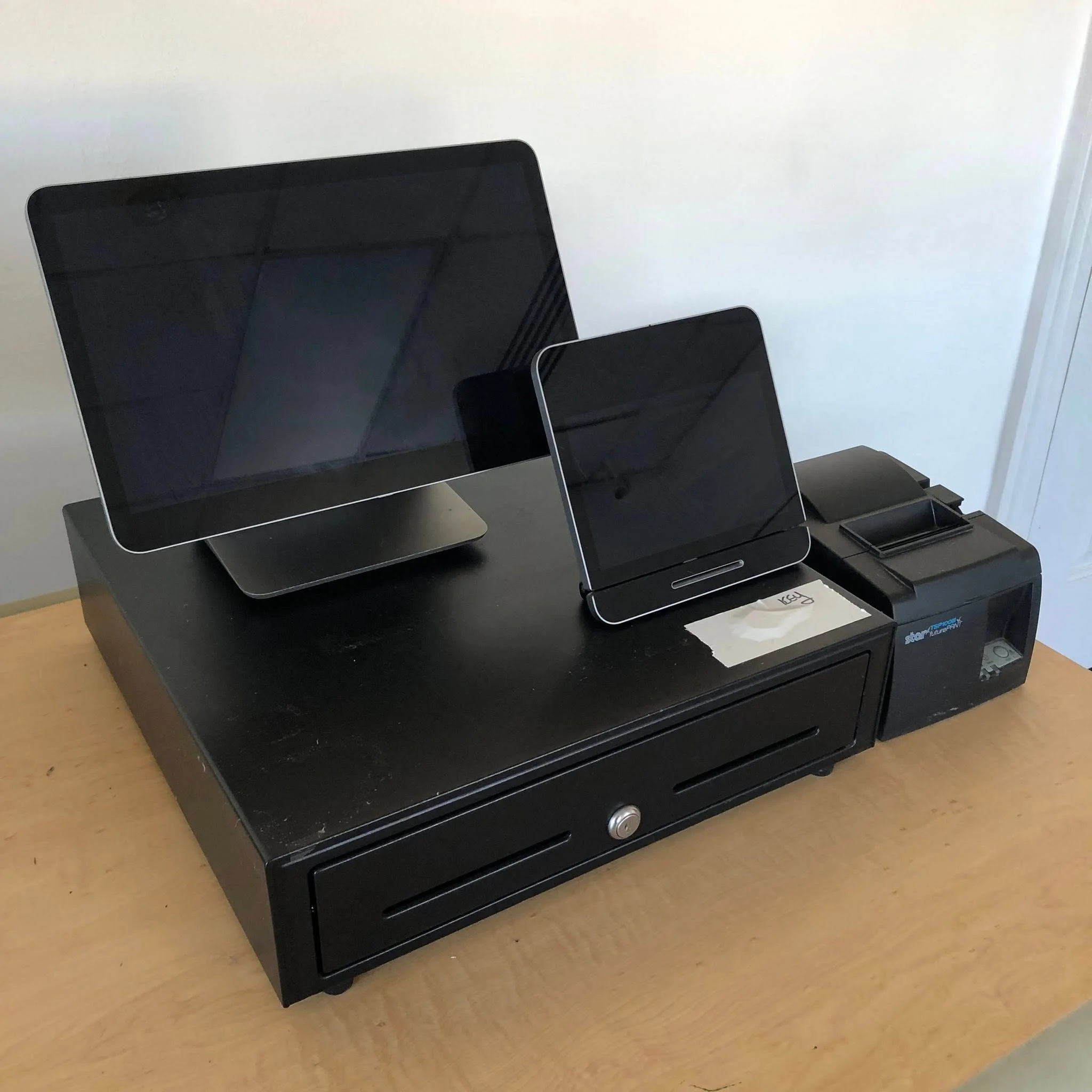Complete Square Register Kit POS System $595
Includes Square register, printer-driven cash drawer, customer-facing display, thermal receipt printer, and all cables. 
Powered by Square point of sale. Third-party apps (e.g., a non-Square POS) are not s