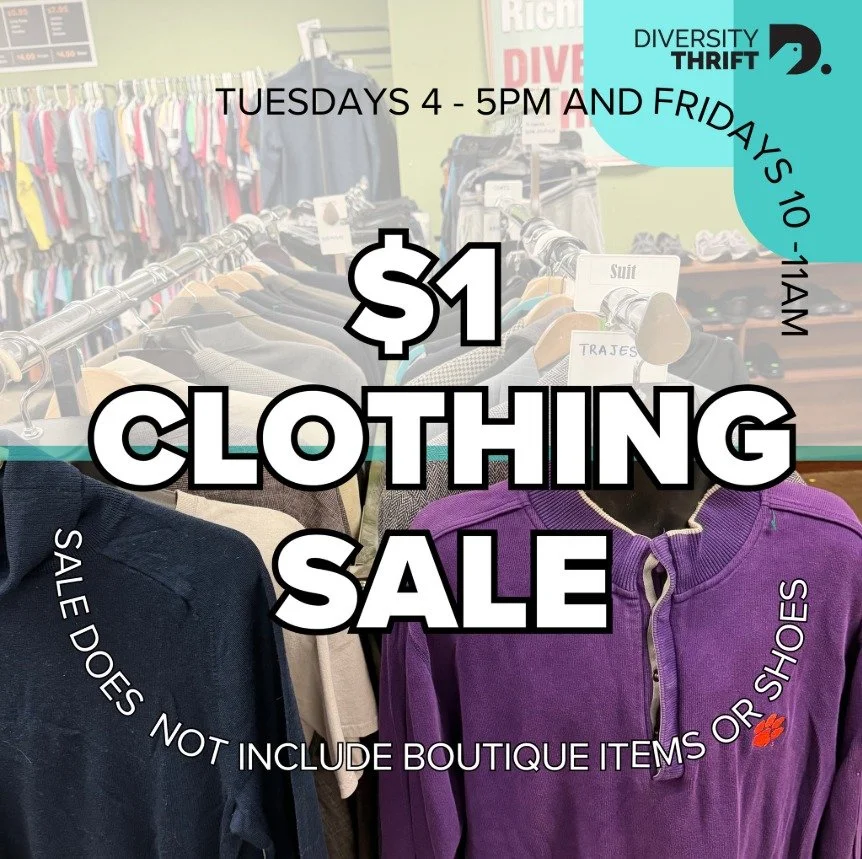 Come lift your spirits with some retail therapy during our $1 Clothing Happy Hour Tuesdays 4pm to 5pm and Fridays 10am to11am. Diversity Thrift is open 10am to 6pm daily at 1407 Sherwood Ave Richmond, VA 23220.  804.353.8890.
#clothing #clothingsale 