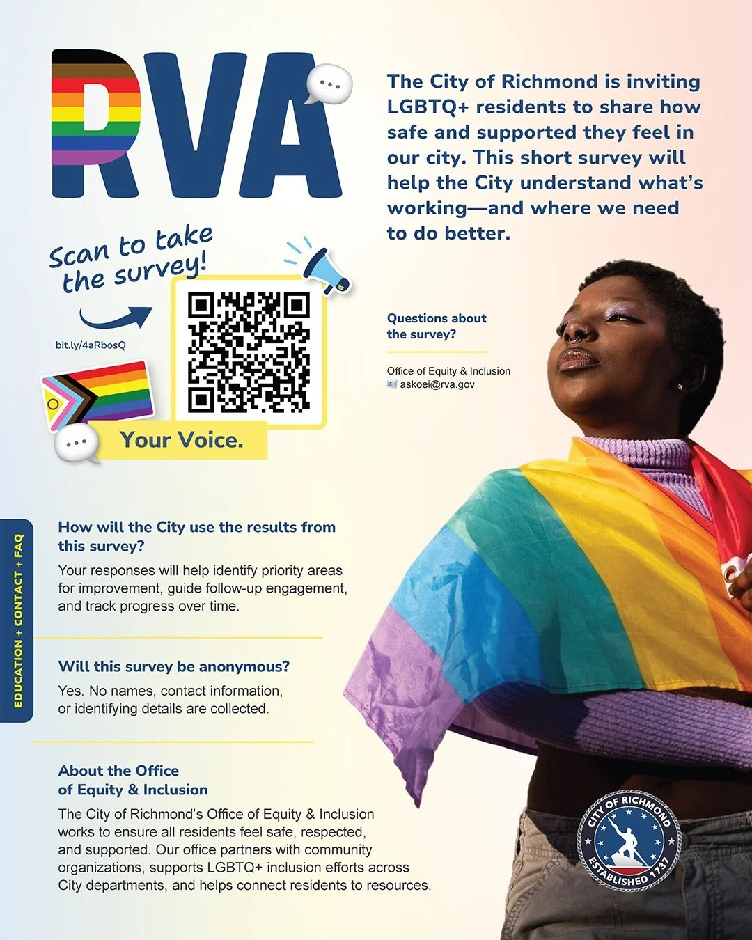 The City of Richmond is inviting LGBTQ+
residents to share how safe and supported
they feel in our city. This short, anonymous
survey will help identify priorities and
guide improvements across services and
programs. The survey takes just 3&ndash;5
m