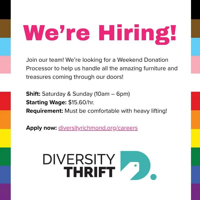 ✨ Join the Diversity Thrift Team! ✨
We&rsquo;re looking for a Weekend Donation Processor to help us handle all the amazing furniture and treasures coming through our doors! 🛋️📦
The Details:
🗓️ Shift: Saturday &amp; Sunday (10am &ndash; 6pm)
💰 Sta