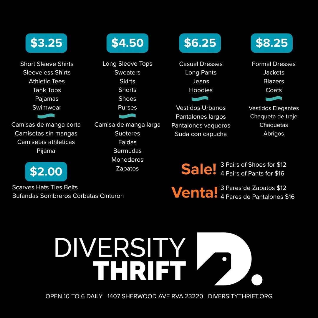 Diversity Thrift has great prices on clothing for the whole family! Children's clothing is just 50-cents.
We're open 10am-6pm at 1407 Sherwood Ave. RVA 23220 (804) 353-8890. Come see us!
#thriftshop #thrifting #thriftclothing