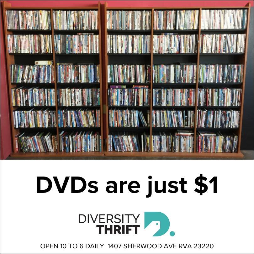 Diversity Thrift has great prices on movies, music, and books!
DVDs are $1
CDs and Vinyl are 50-cents
Paperbacks $1, Hardcover $2, Children's books 50-cents
Open 10 to 6 daily at 1407 Sherwood Ave RVA 23220
#movies #music #books #dvds #CDS #vinylreco