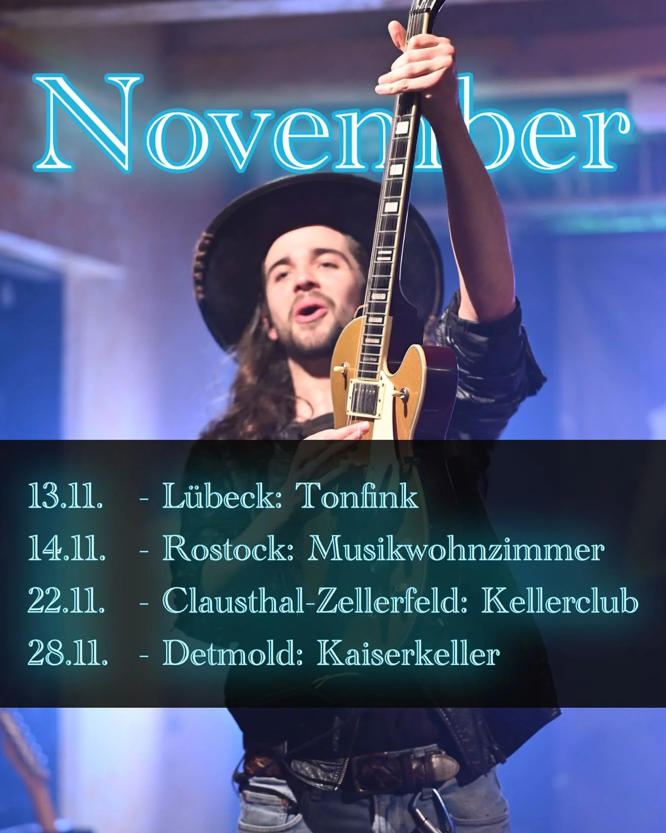 Diesen Monat spiel ich noch ein paar Konzerte Solo und auch mit Band 😍🤠

13.11. Solo Show @tonfink 
14.11. Solo Show @deinmusikwohnzimmer 
22.11. Band Show @ampedup.concerts Rock Night
28.11. Band Show @kaiserkellerdetmold 

Wo seid ihr dabei? 👀

