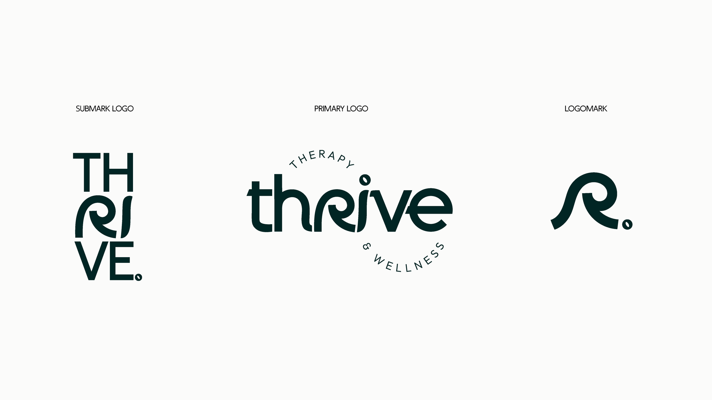 Design with three variations of logos and words related to wellness: on the left, a vertical logo displaying 'THRIVE' with stylized 'V' and a period; in the center, the word 'thrive' with the words 'therapy' and 'wellness' in a circle around it; and on the right, a stylized 'R' with a period, all in dark green on a white background.