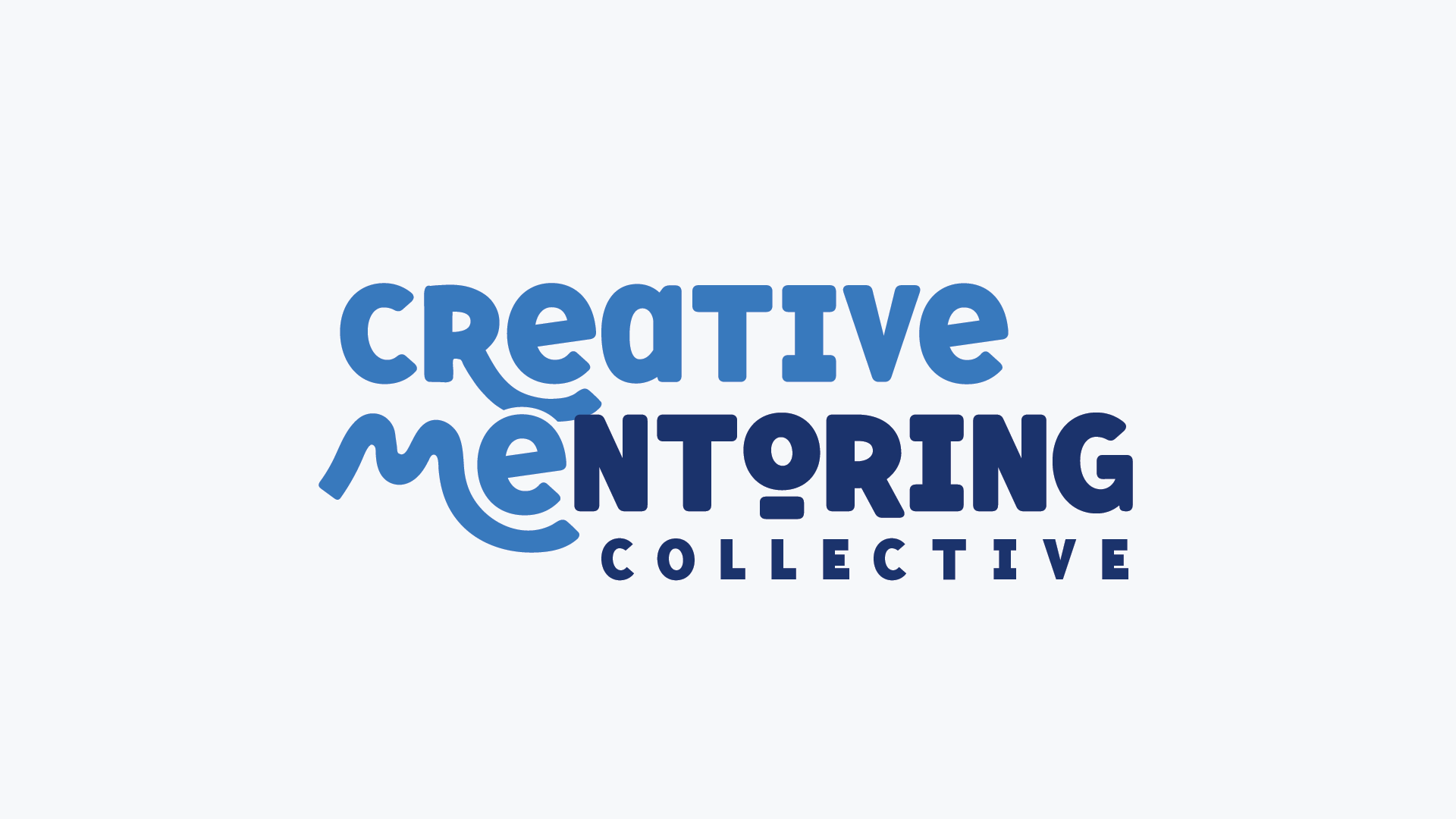 Logo for Creative Mentoring Collective with the words 'Creative Mentoring Collective' in blue various fonts and styles on a light gray background.
