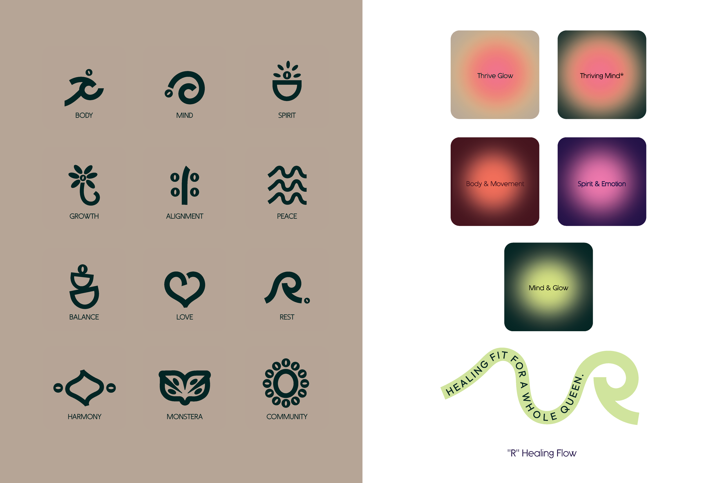 A digital infographic with icons and colorful squares. On the left, icons representing body, mind, spirit, growth, alignment, peace, balance, love, rest, harmony, monster, community, labeled accordingly. On the right, five gradient squares labeled 'Thrive Glow,' 'Thriving Mind*,' 'Body & Movement,' 'Spirit & Emotion,' and 'Mind & Glow.' Below, a curved, green arrow-shaped graphic says 'Healing Fit for a Whole Queen,' with stylized text 'Healing Flow' underneath.