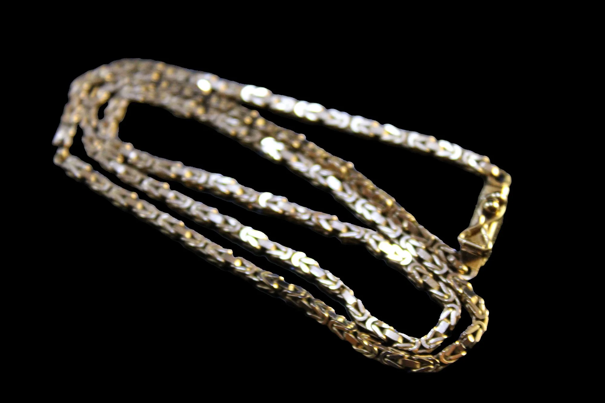 up close Byzantine Chain with box clasp with figure eight safety latch